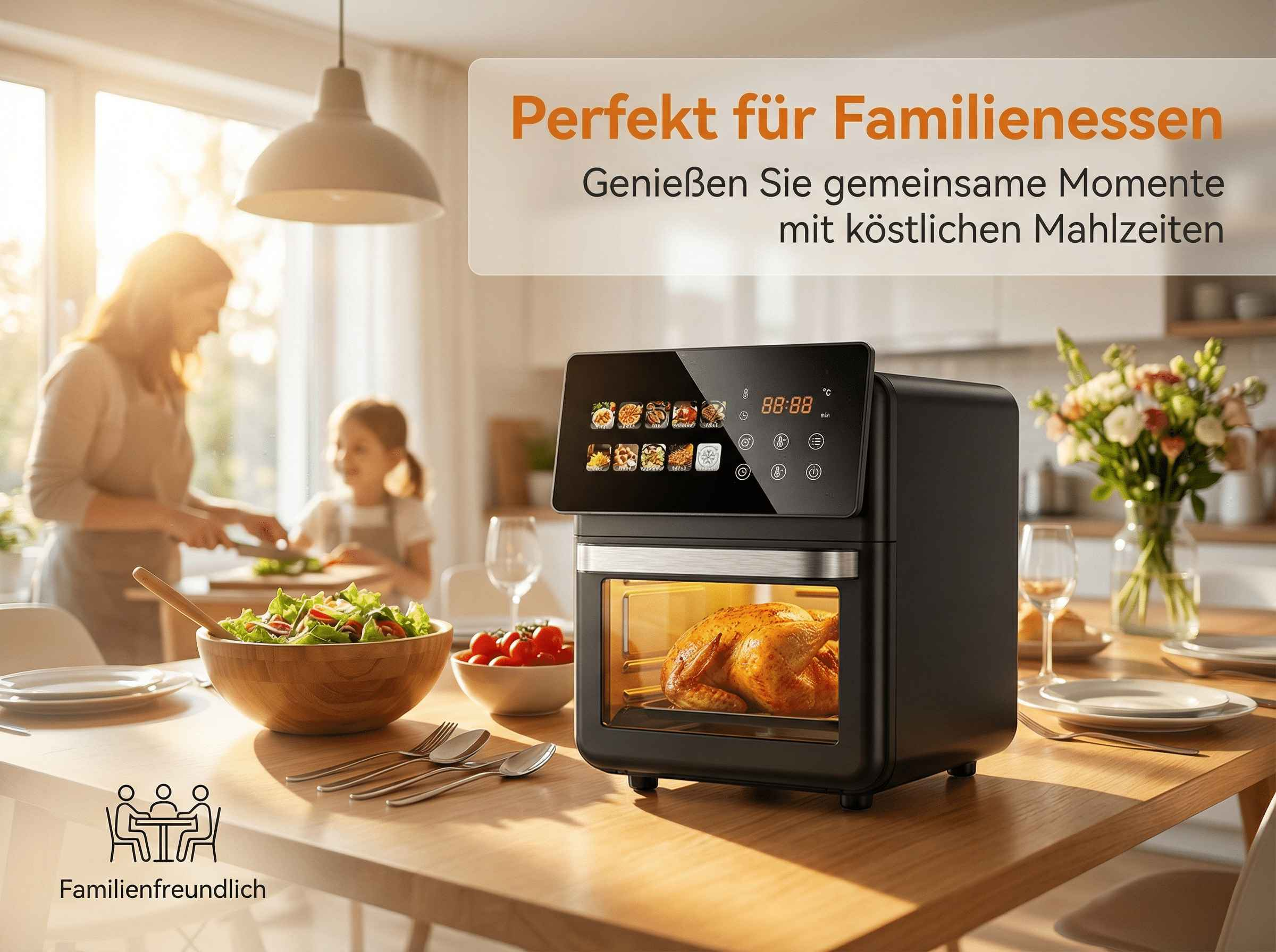 Ein moderner schwarzer Heißluftfritteusen-Ofen mit einem Brathähnchen darin.