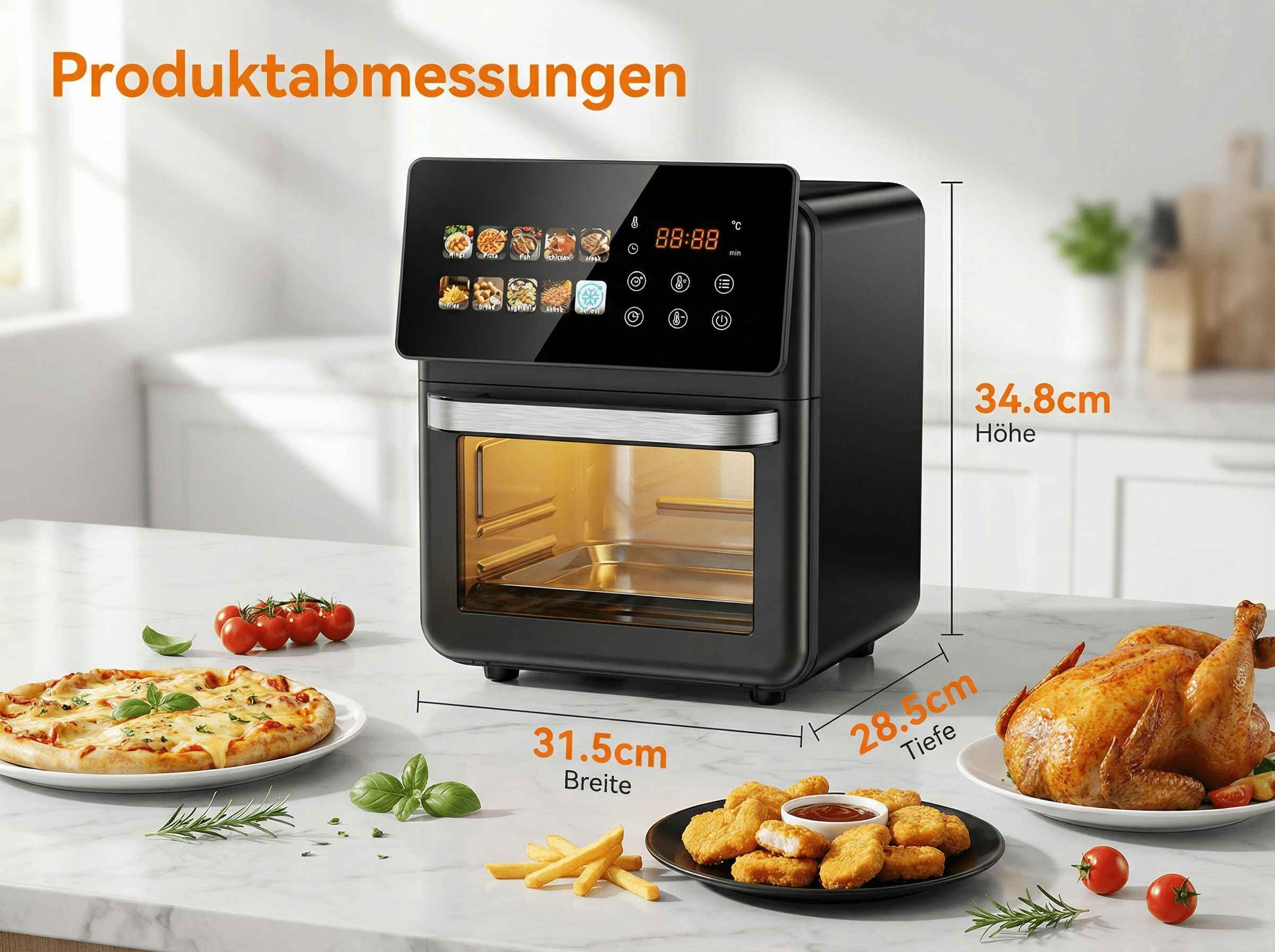 Ein schwarzer Heißluftfritteusenofen mit Pizza, Huhn und Nuggets.