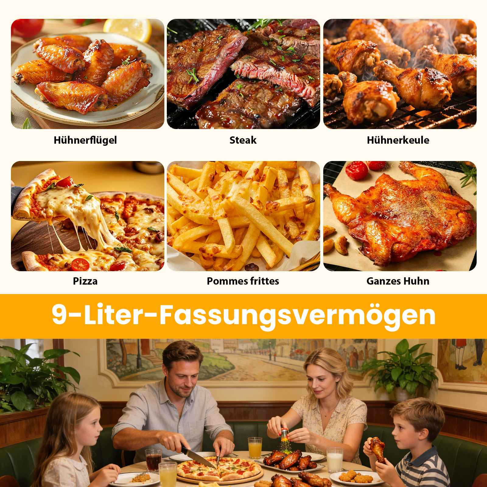 Collage von Lebensmitteln: Hühnerflügel, Steak, Hähnchenkeulen, Pizza, Pommes und ganzes Hähnchen.