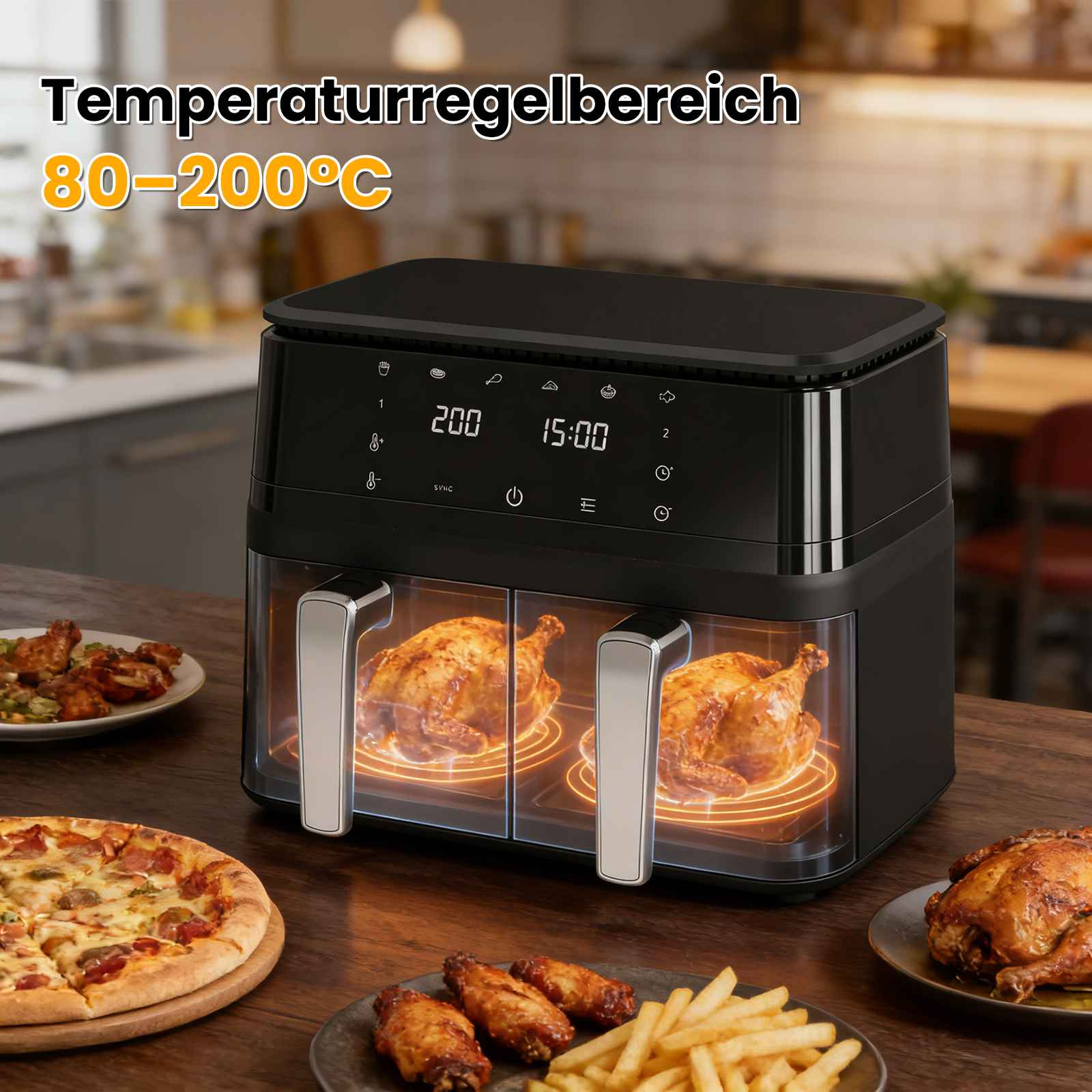Doppelheißluftfritteuse mit zwei Hähnchen, Pizza und Pommes.