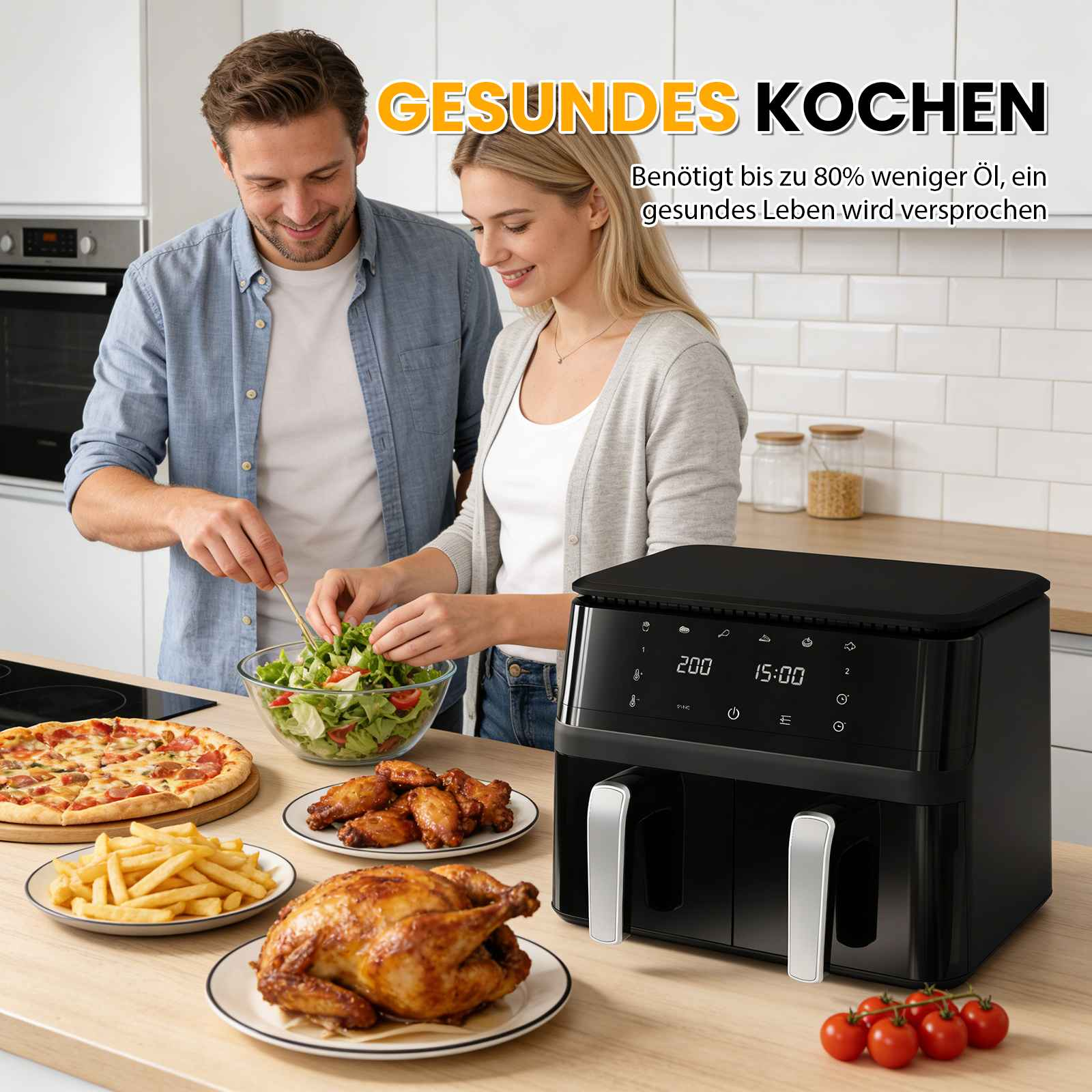 Ein Paar bereitet in der Küche ein gesundes Essen zu, daneben eine Heißluftfritteuse.