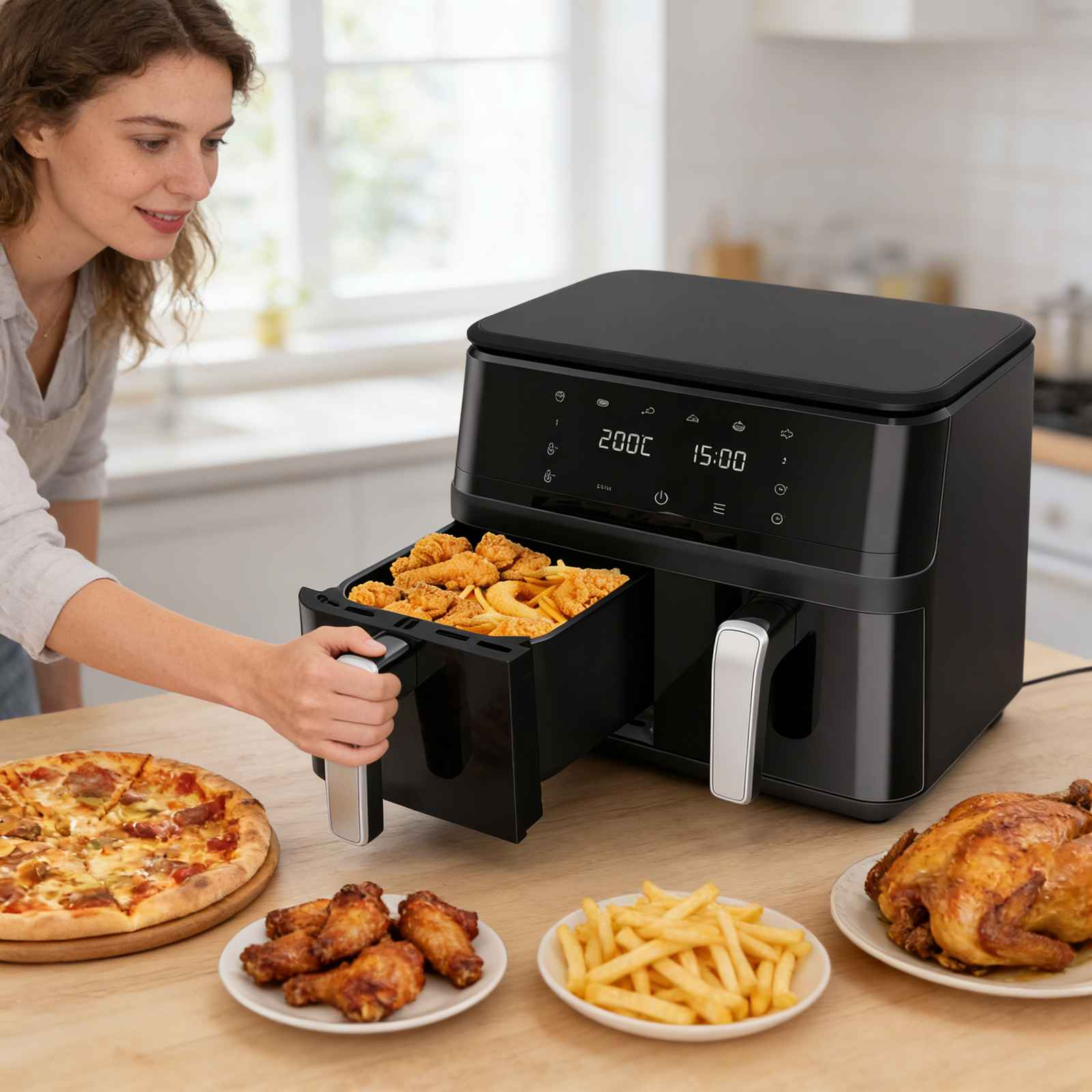 Frau mit einem schwarzen Heißluftfritteusen-Doppelkorb mit Essen. Daneben eine Pizza, Hähnchenteile und Pommes.
