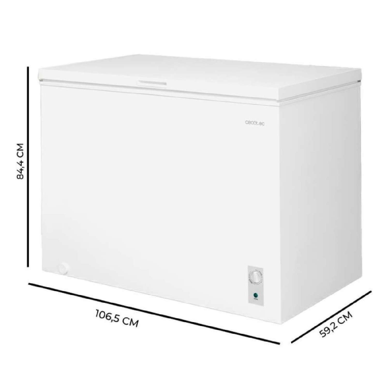 Congelatore orizzontale bianco con dimensioni: 84,4 cm altezza, 106,5 cm larghezza, 59,2 cm prof.