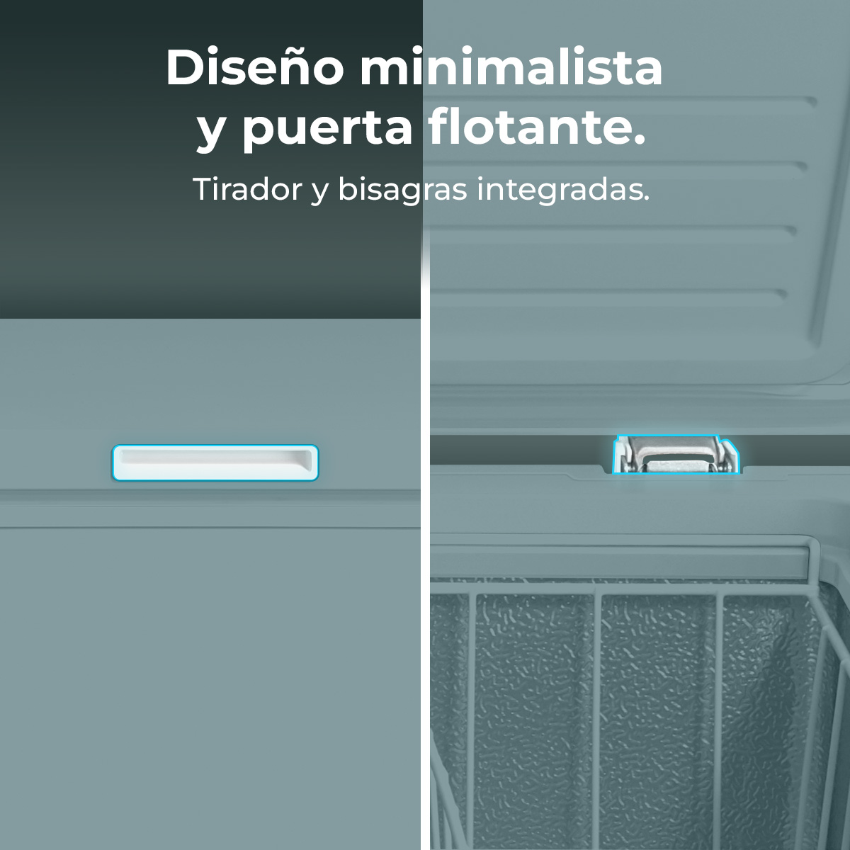 Design minimalista con porta fluttuante e maniglia/cerniere integrate.