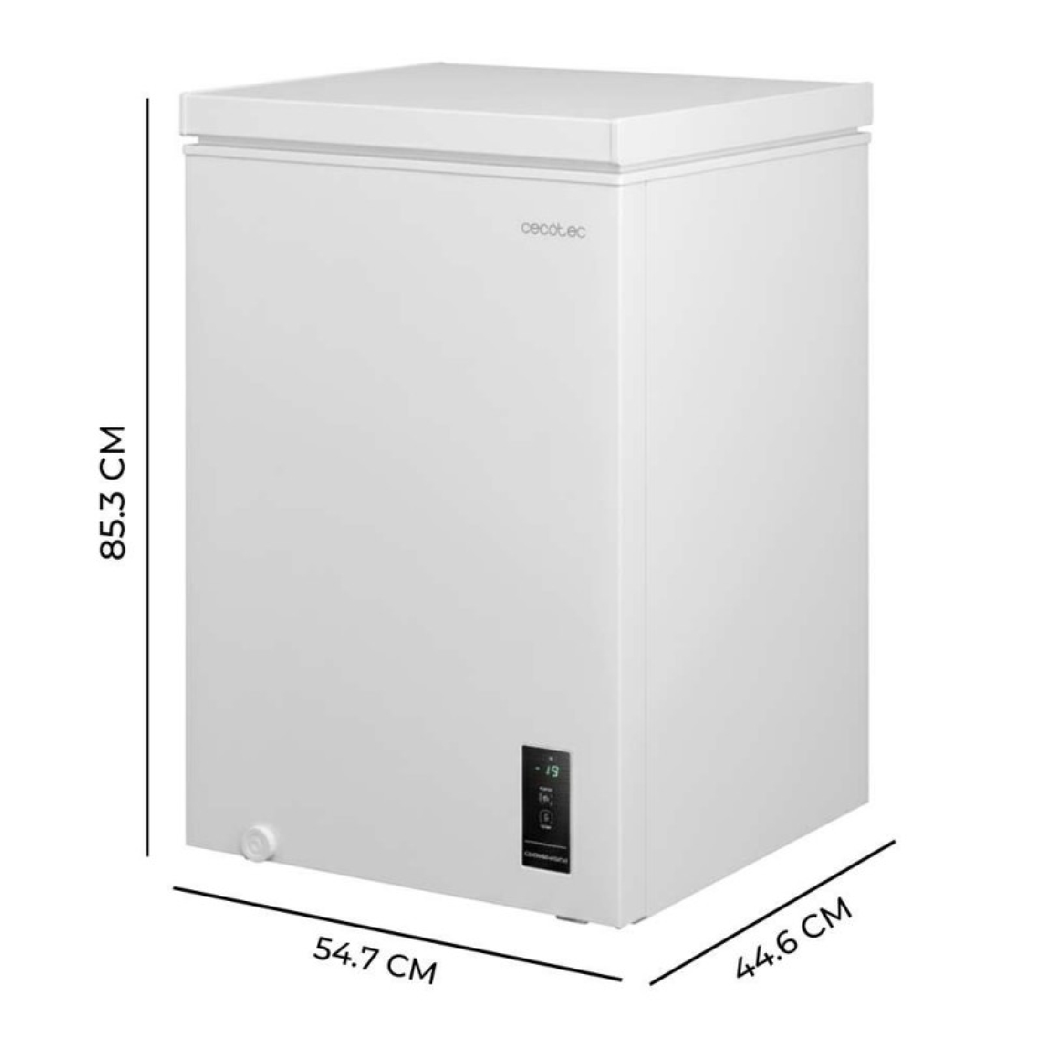 Congelatore a pozzetto bianco con dimensioni: H 85,3 cm, L 54,7 cm, P 44,6 cm.