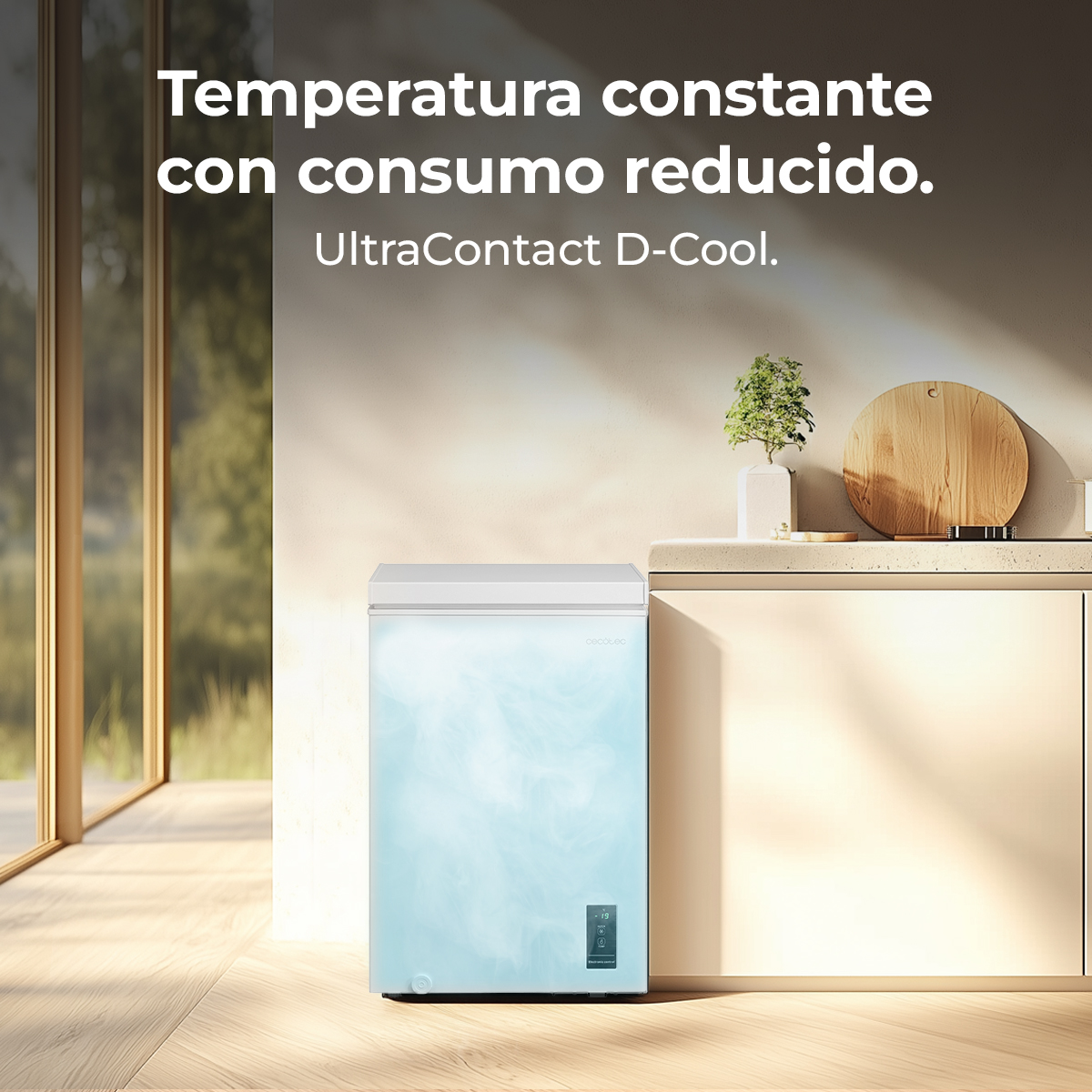 Un congelatore azzurro con effetto fumo accanto a un piano di lavoro.