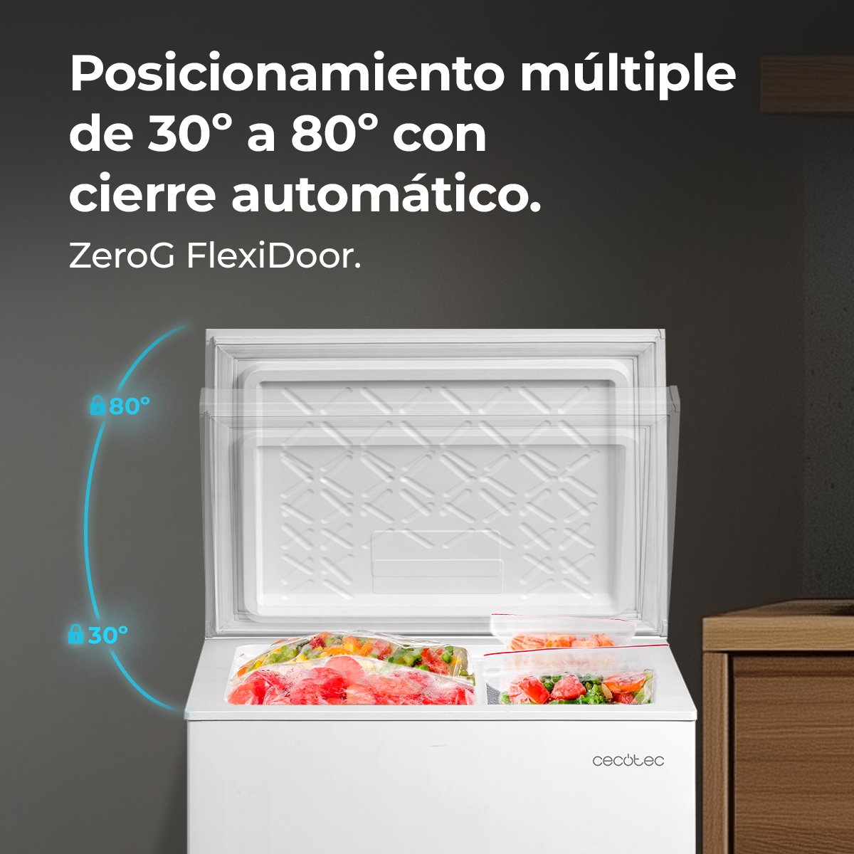 Congelatore aperto con cibo all'interno, che mostra angoli da 30° a 80°.