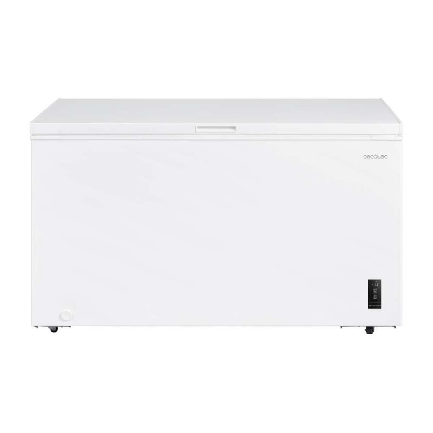 Un congelatore a pozzetto bianco con display digitale frontale.