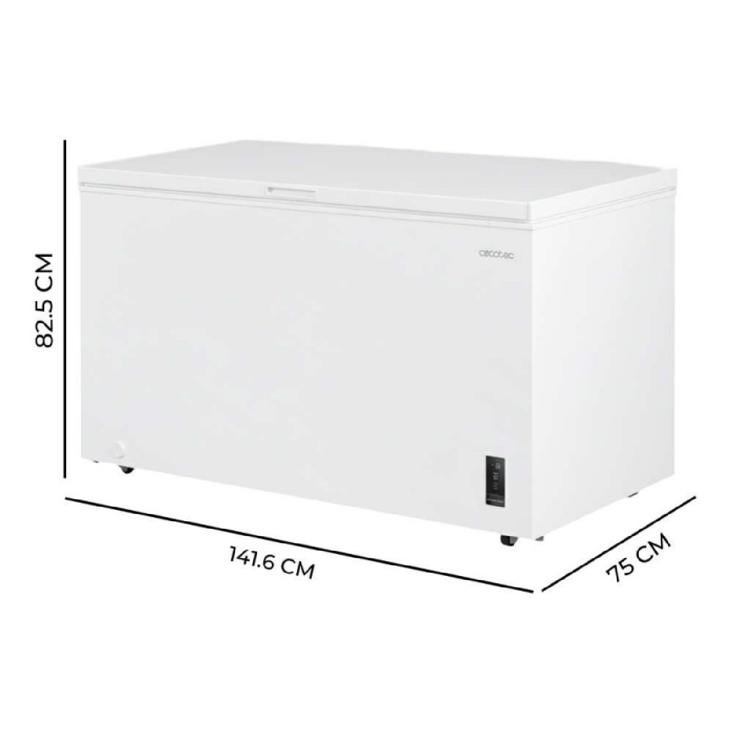 Congelatore a pozzetto bianco, 141,6 cm L x 75 cm P x 82,5 cm A, con marchio.