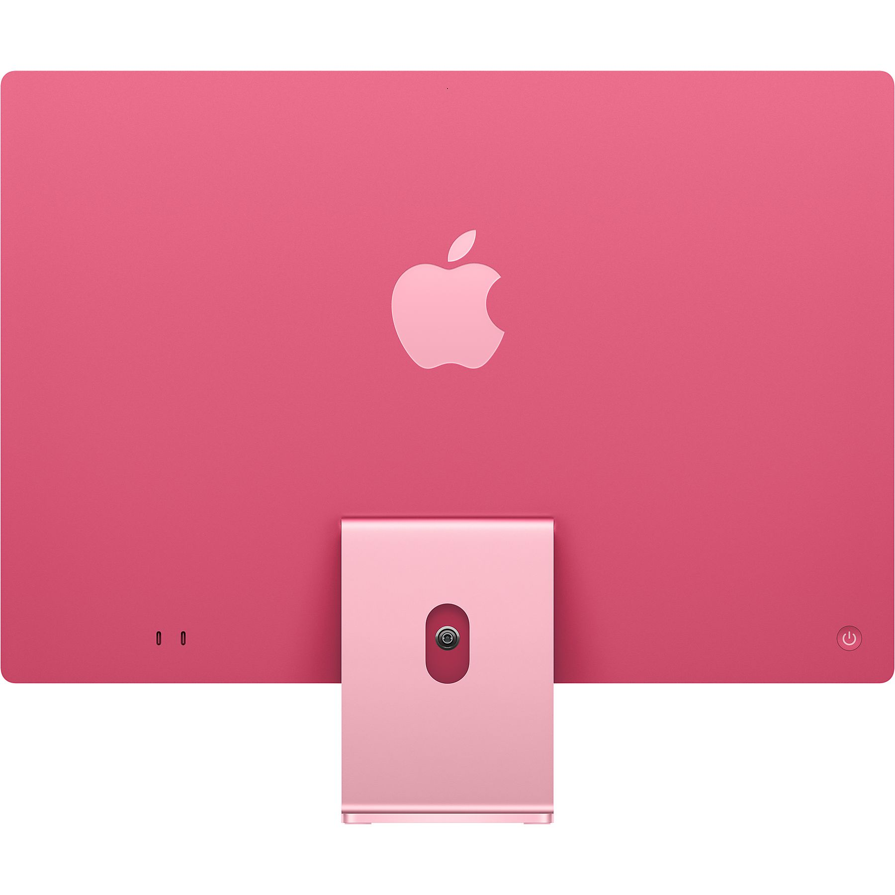 Apple logosu ve standı olan pembe iMac'in arkası.