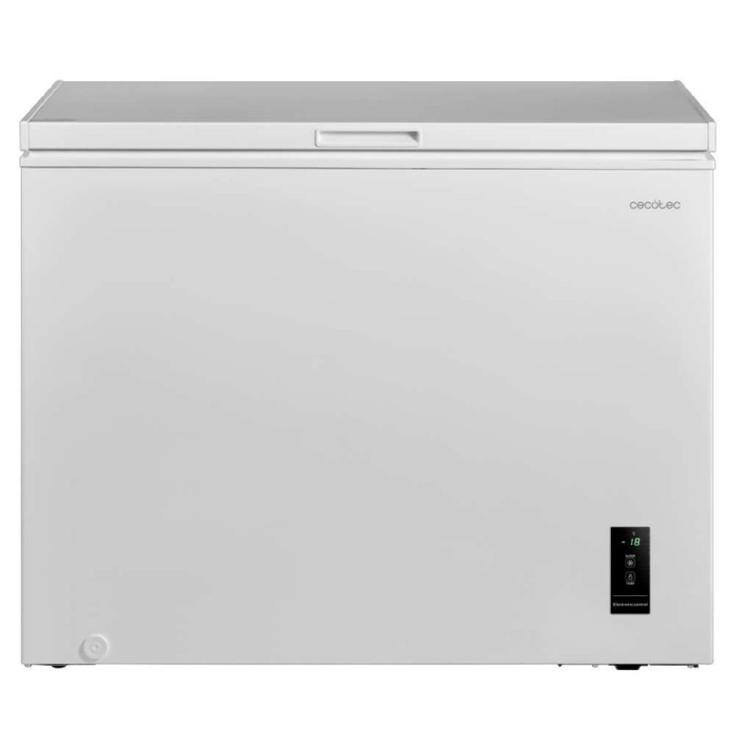 Un congelador horizontal blanco con pantalla digital de temperatura.