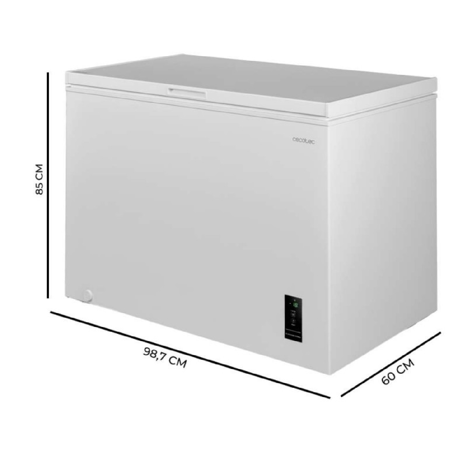 Un congelador horizontal blanco con dimensiones 98,7x60x85 cm.