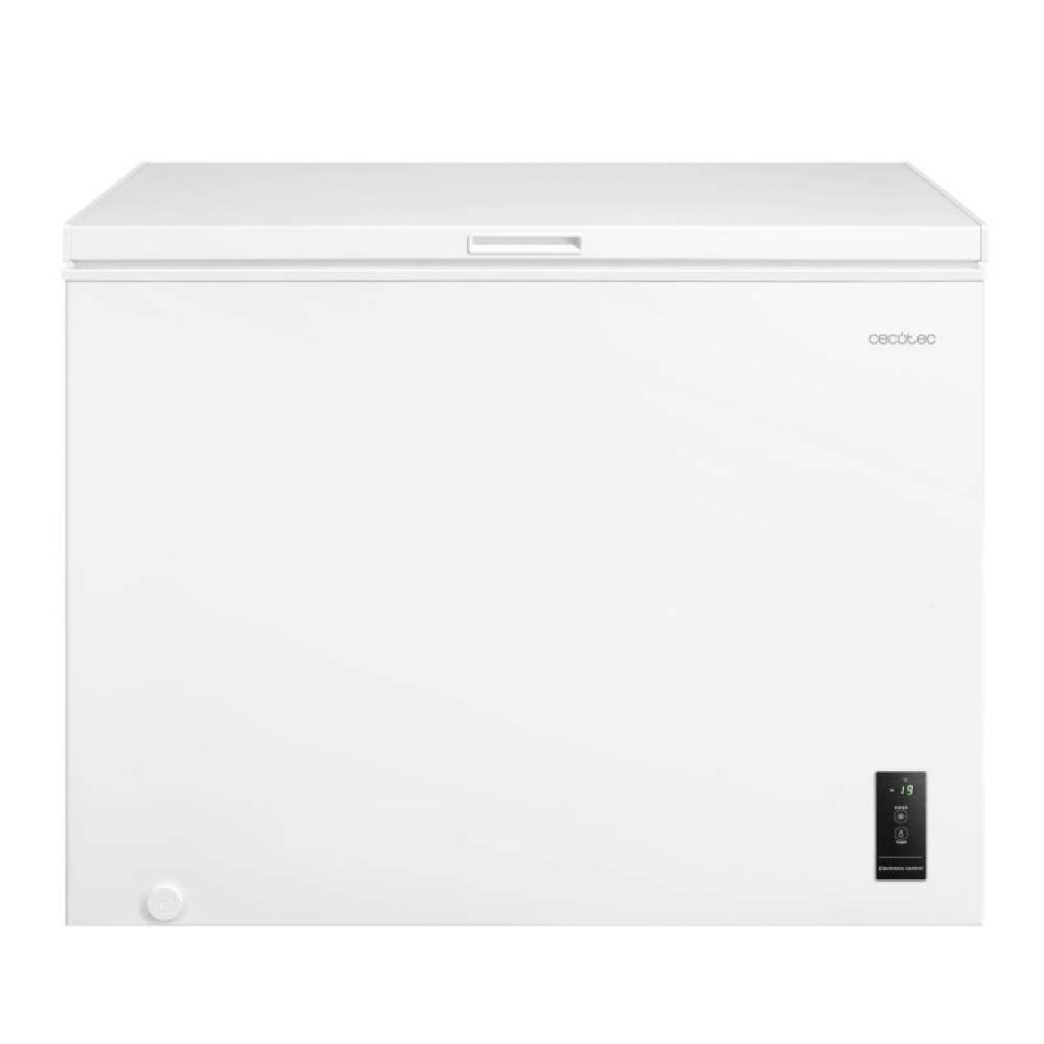 Congelatore orizzontale bianco con display digitale e maniglia sopra.