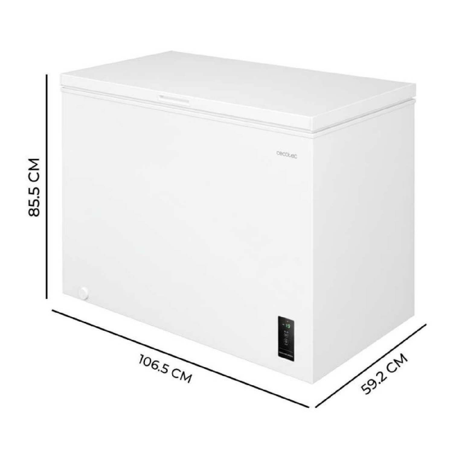 Congelatore a pozzetto bianco con dimensioni digitali: 106,5 cm L, 59,2 cm P, 85,5 cm H.