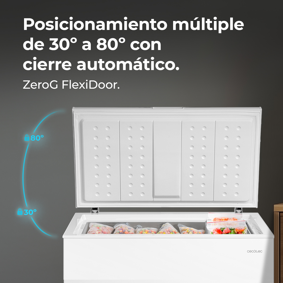 Congelatore a pozzetto bianco aperto con cibi surgelati e indicatore di angolo 30-80°.