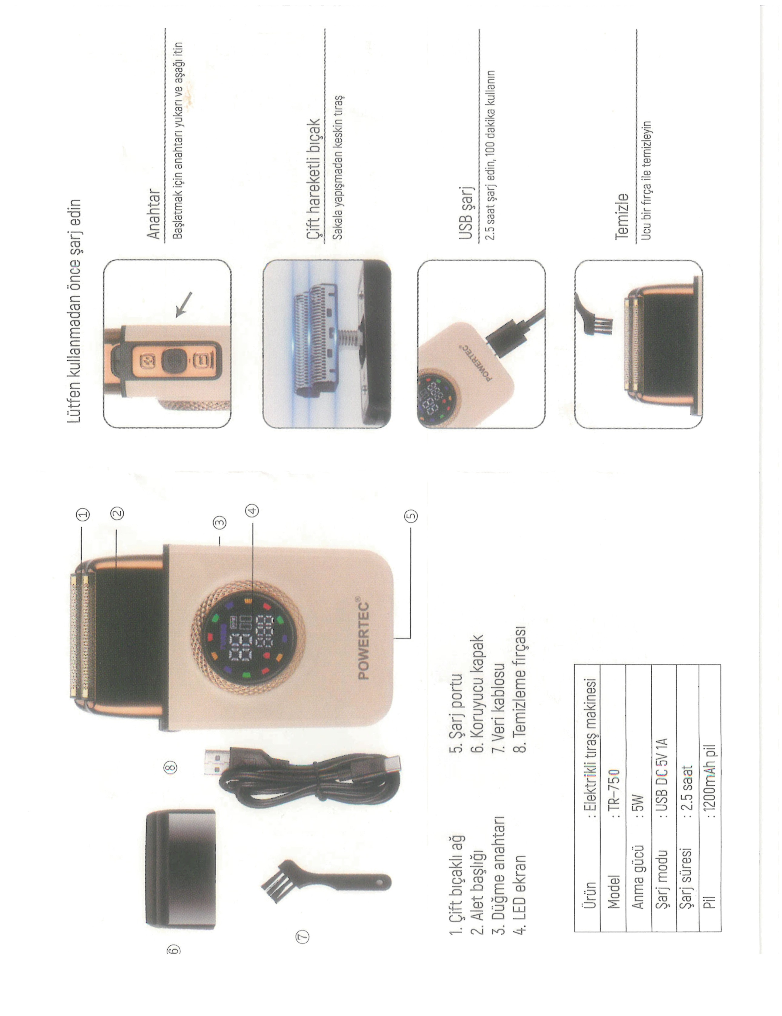 Aksesuarli elektrikli tiras makinesi: USB kablo, firça, kapak. Ekran pil gösterir.