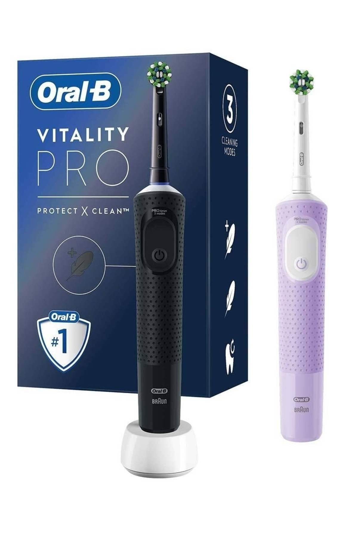 İki Oral-B diş fırçası: biri şarj cihazında siyah, diğeri mor yanında.