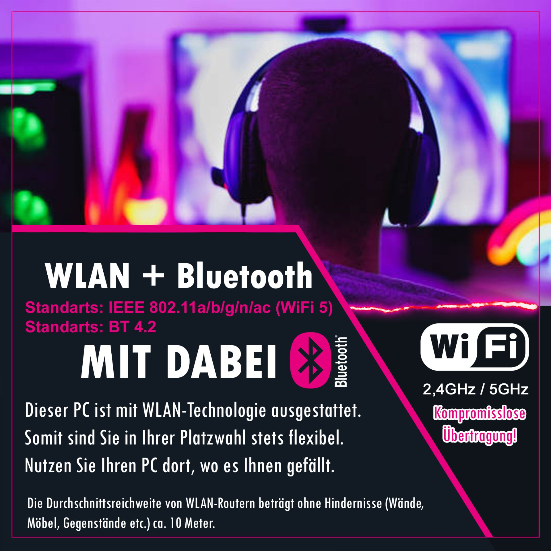 Ein Gamer mit Kopfhörern vor einem Bildschirm mit WLAN & Bluetooth Infos.