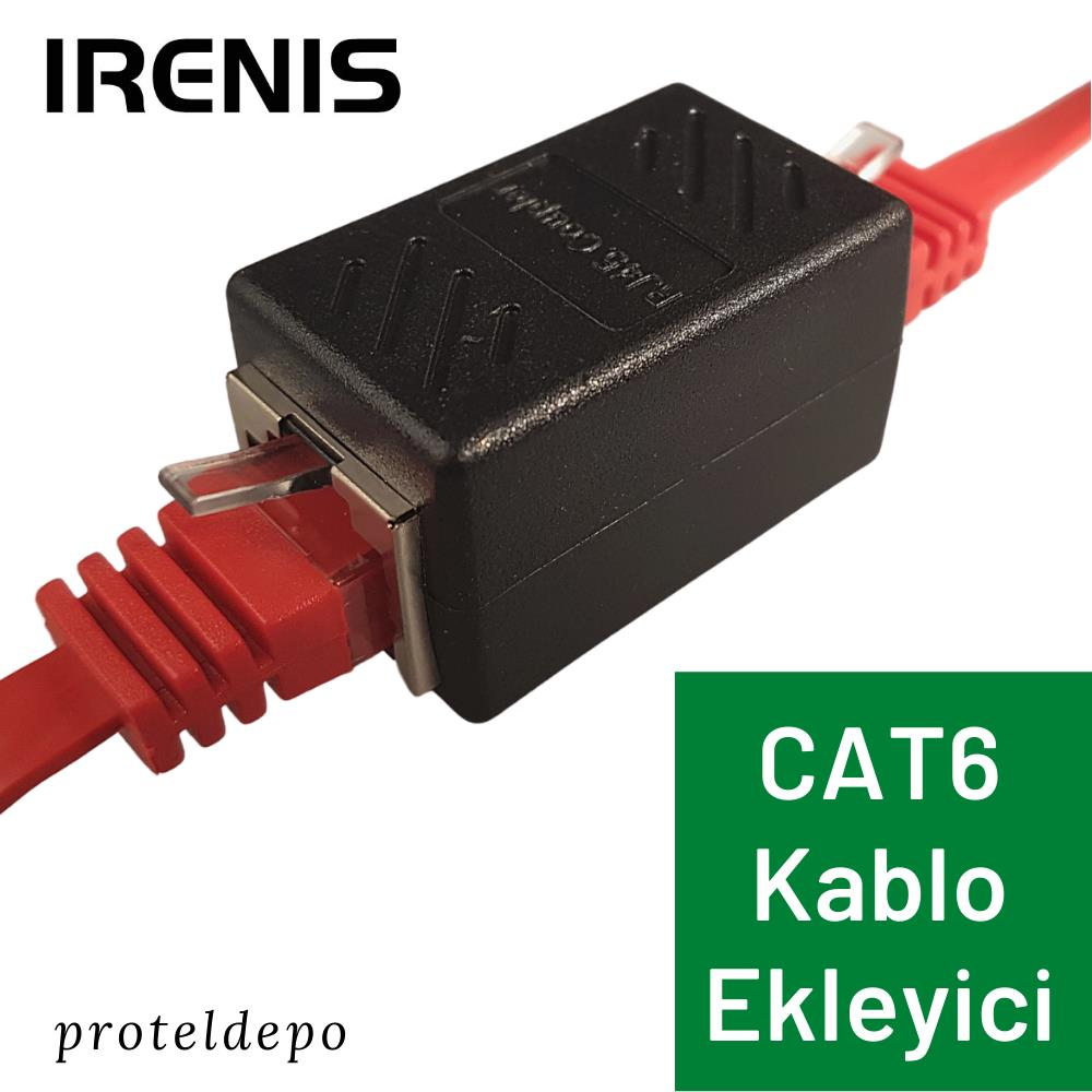 Solda ve sağda kırmızı Ethernet kablolarına sahip siyah bir CAT6 kablo birleştirici.