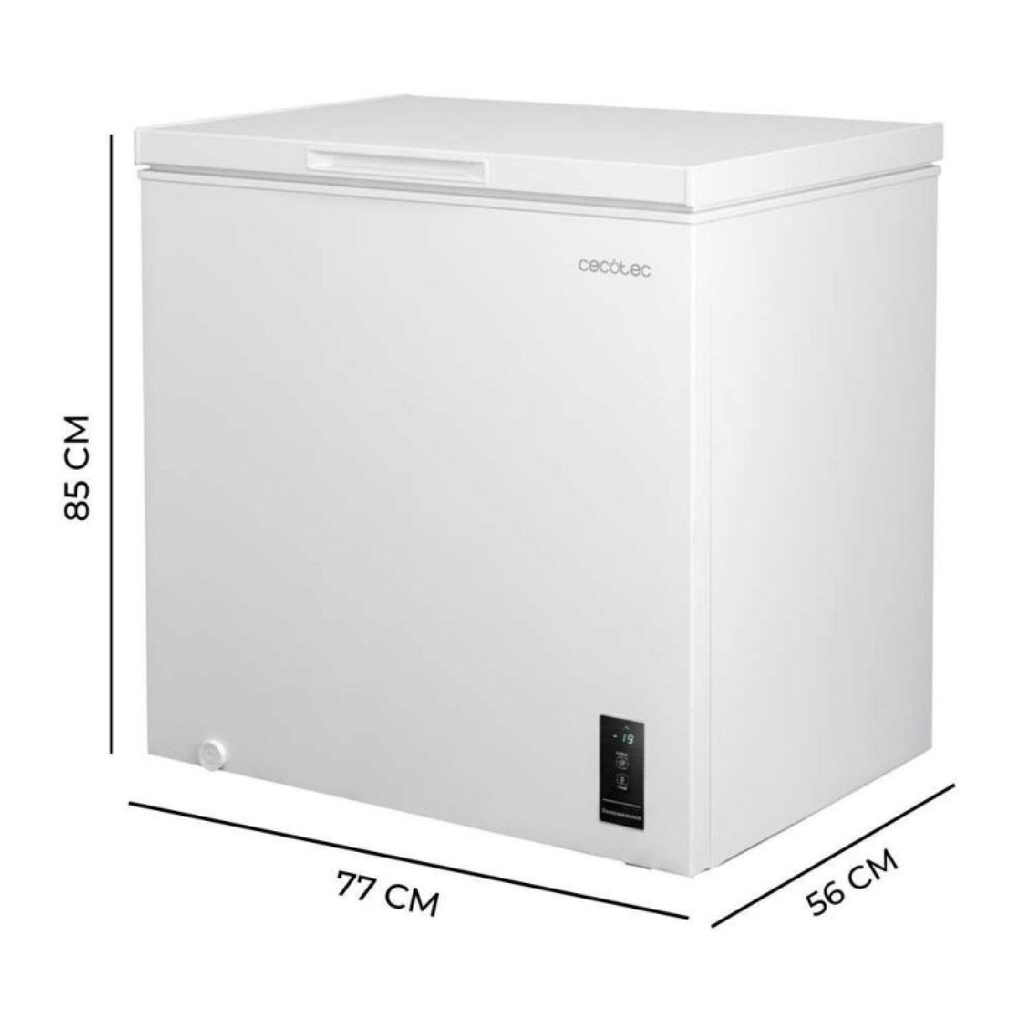 Congelatore a pozzetto bianco con display digitale e dimensioni: 85cm A, 77cm L, 56cm P.