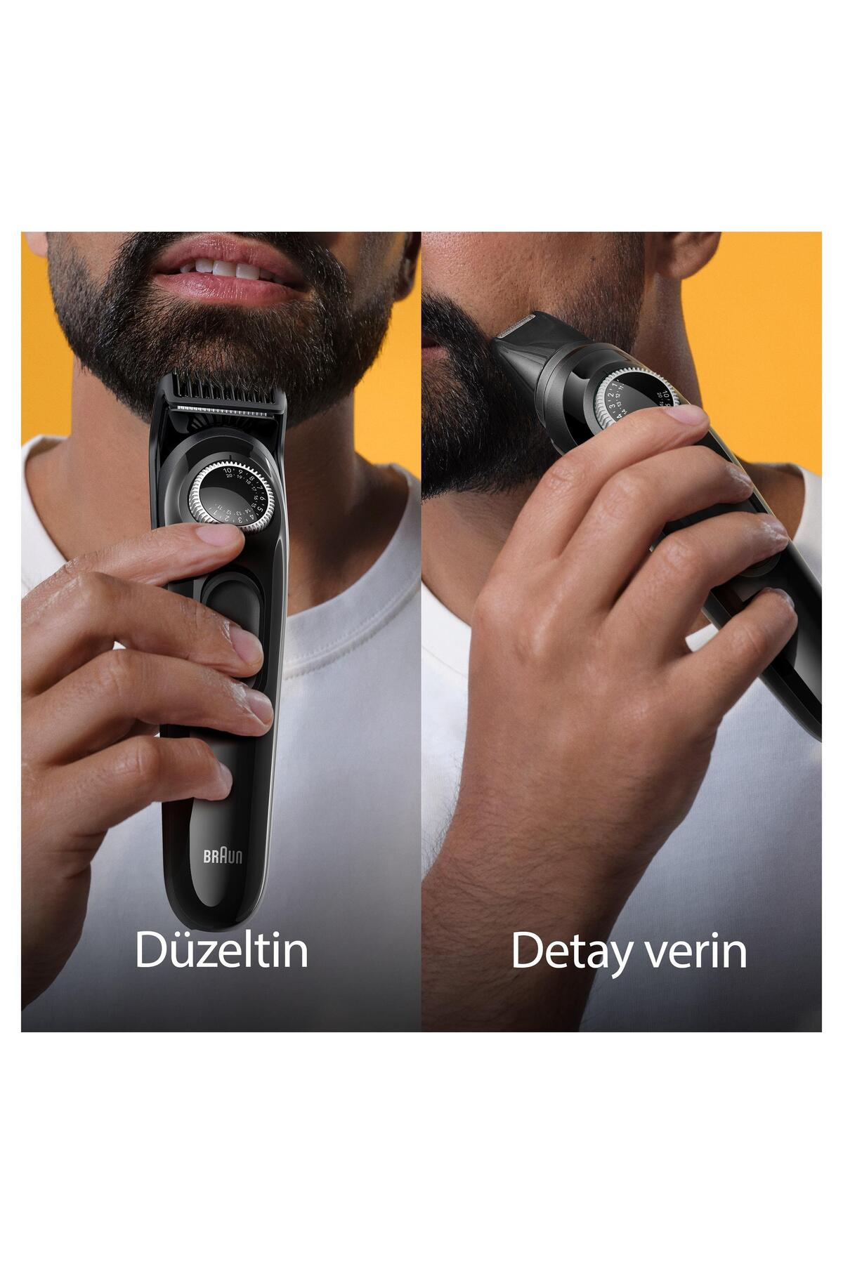 Erkek elektrikli düzelticiyle sakalını düzeltiyor. Sol: düz, Sağ: detay.