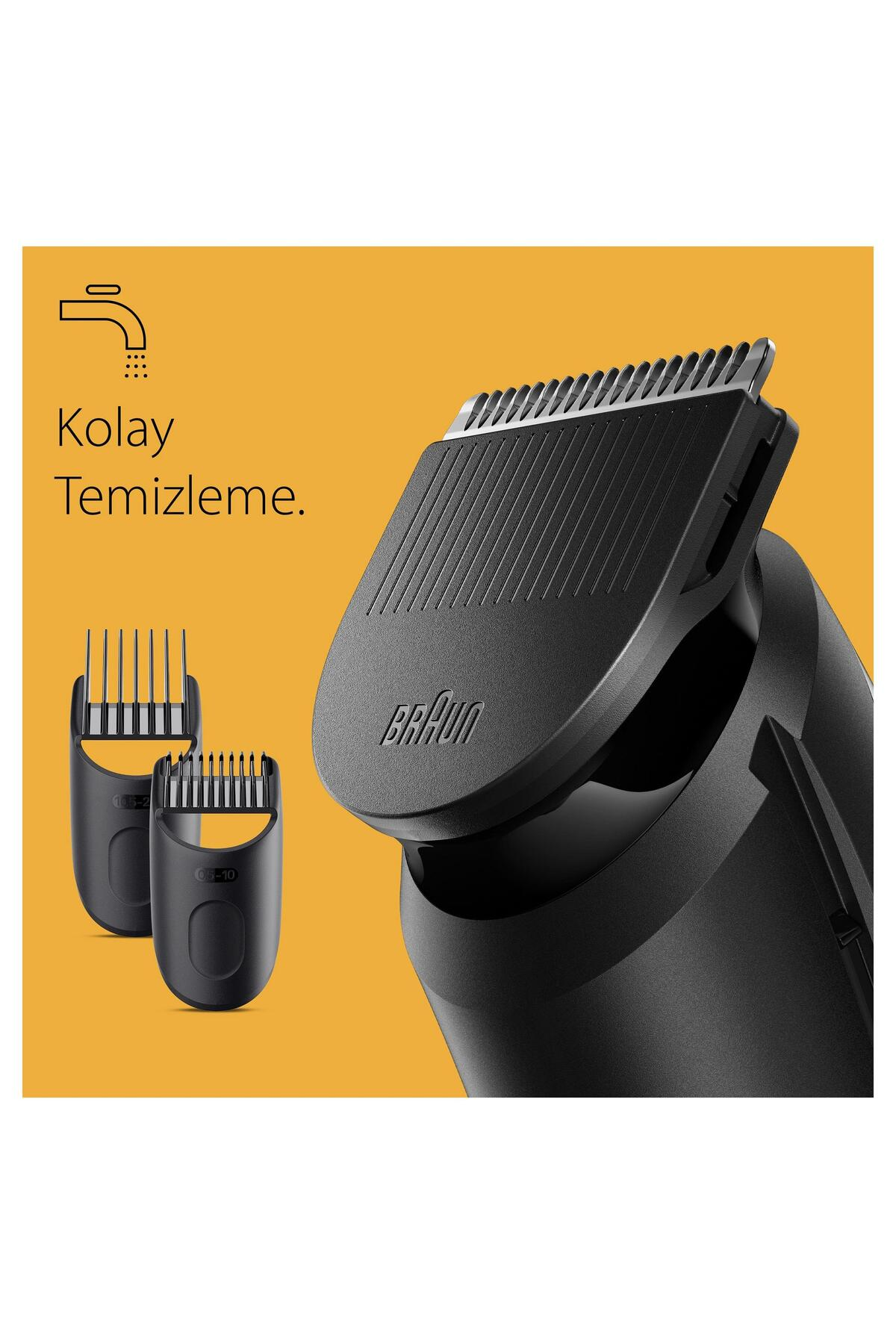 Kolay temizlik için musluk simgeli ve iki aparatlı Braun tıraş makinesi.