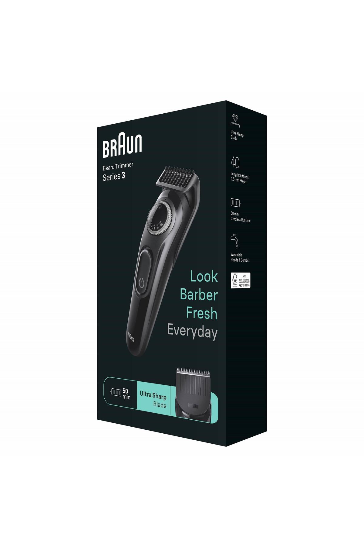 Braun Series 3 Sakal Tüy Kesme Makinesi kutusu, 40 ayar, 50 dakika kullanım süresi.