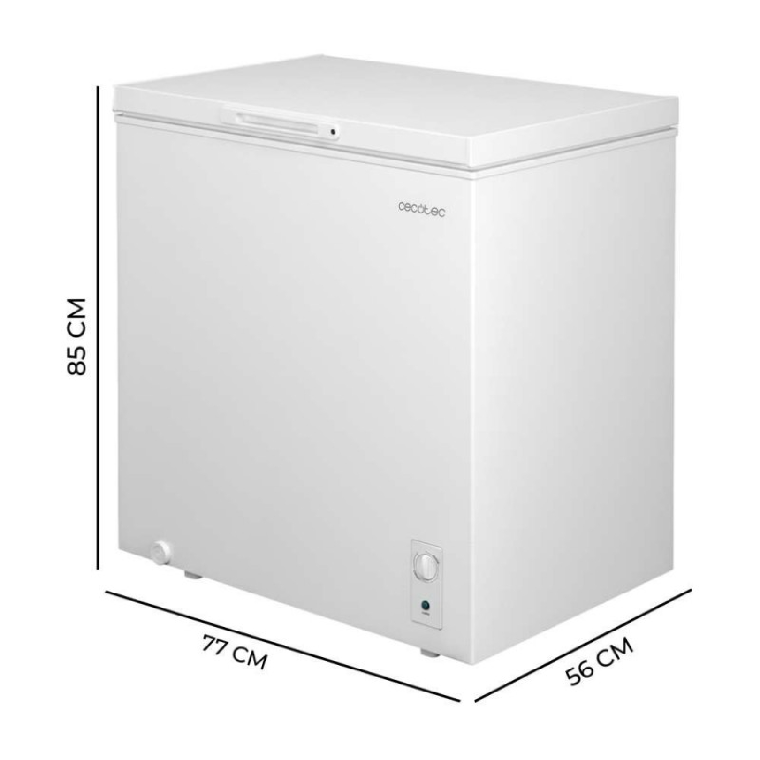 Congelatore a pozzetto bianco con dimensioni: A 85 cm, L 77 cm, P 56 cm.