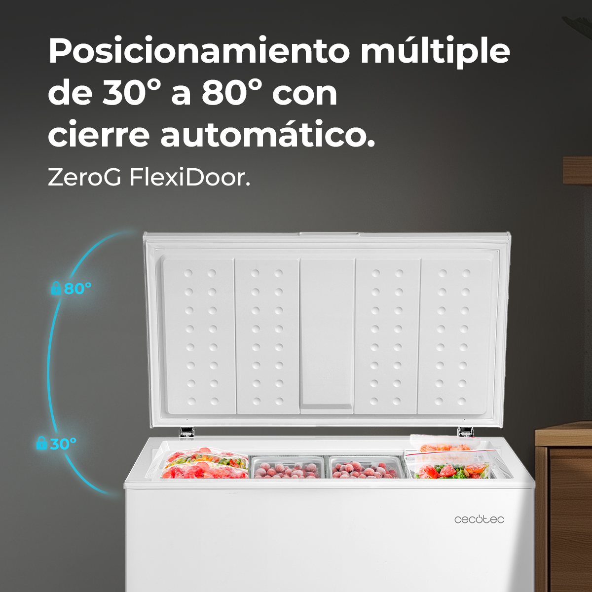 Congelatore a pozzetto con coperchio aperto, mostra cibo congelato. Coperchio apribile 30°-80°.