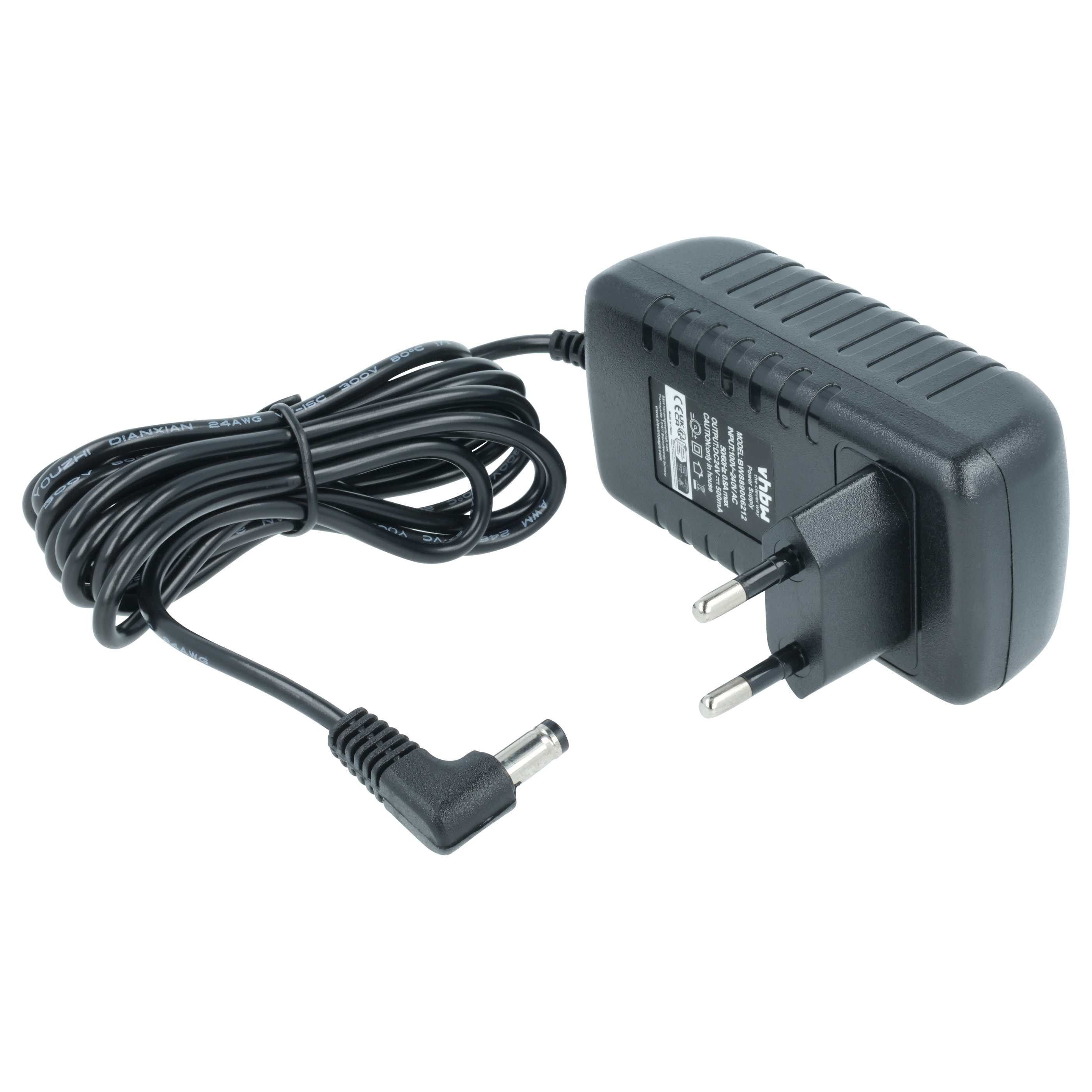 Schwarzes Netzteil mit Kabel und Winkelstecker. Beschriftung auf dem Netzteil.