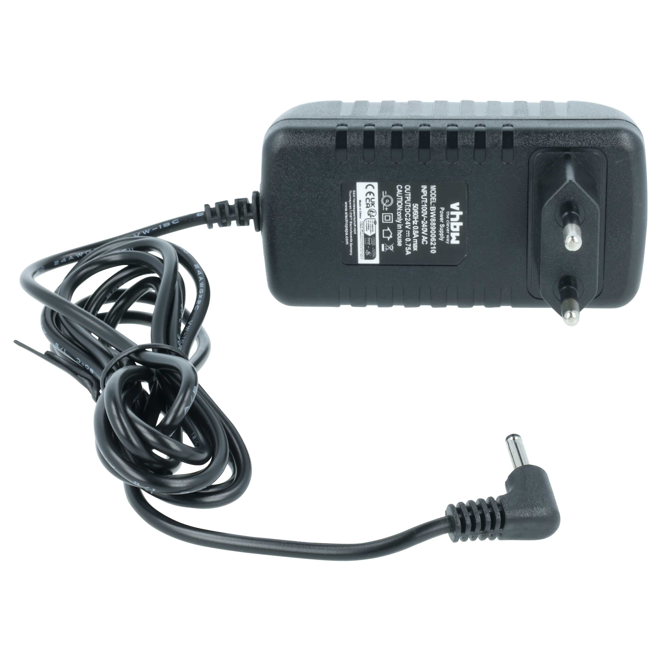 Schwarzes Netzteil mit Kabel und Stecker, 24V DC Ausgang.