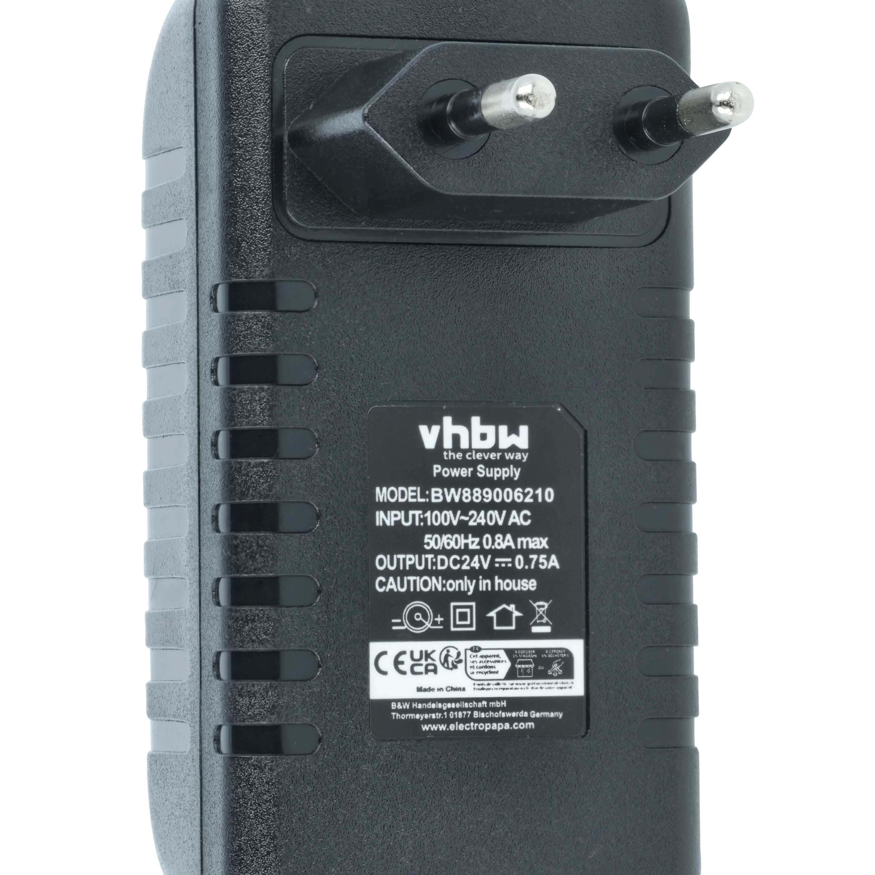 Schwarzes Netzteil mit EU-Stecker. Modell BW889006210. Input 100-240V AC, Output 24V DC.