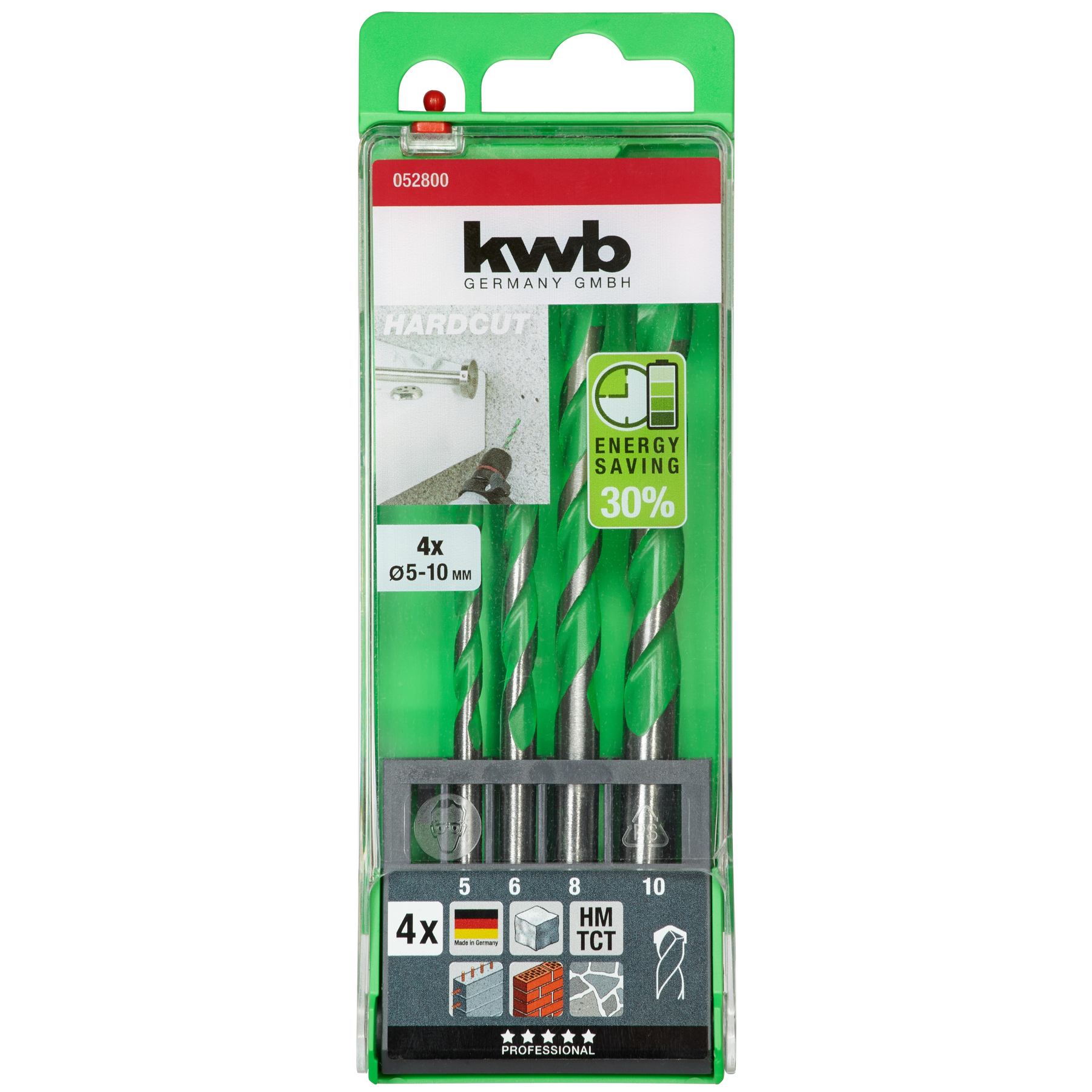 Verpackung mit vier grünen KWB Hardcut Bohrern, Größen 5-10mm.