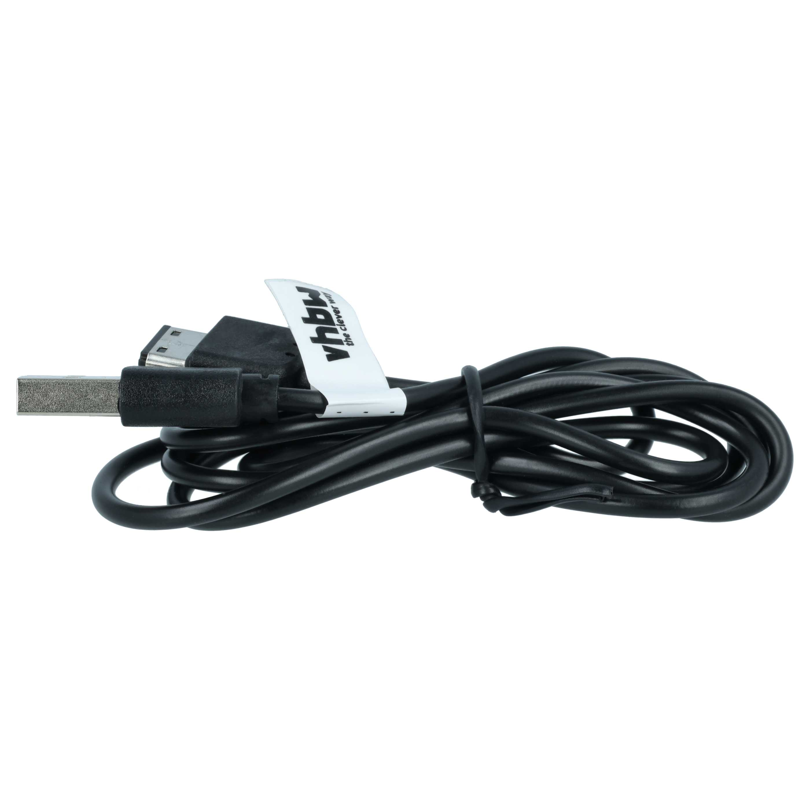 Schwarzes USB-Kabel mit einem USB-A- und einem Micro-USB-Stecker, aufgewickelt mit Etikett.