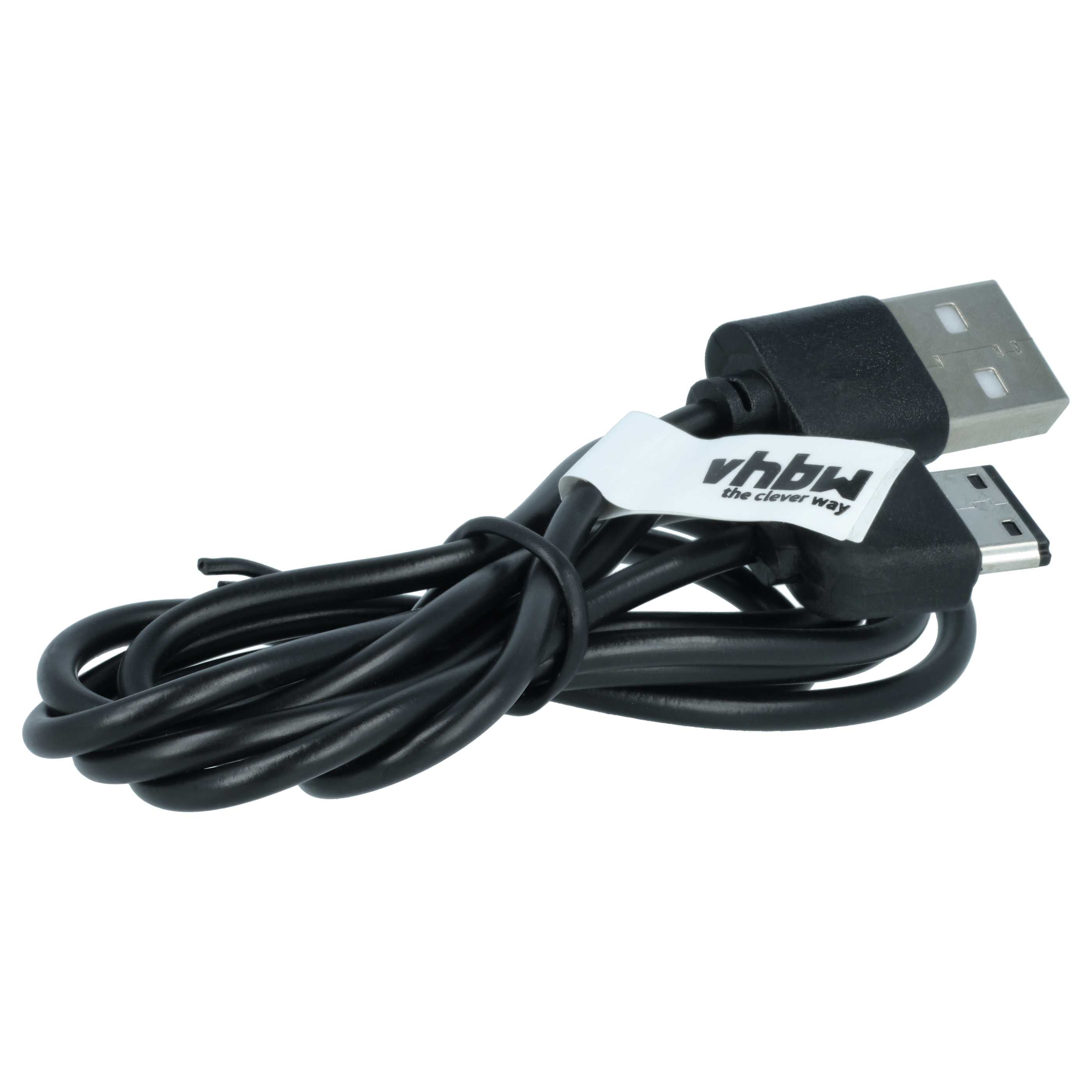Ein schwarzes USB-C-zu-USB-A-Kabel, aufgewickelt mit einem weißen Etikett.