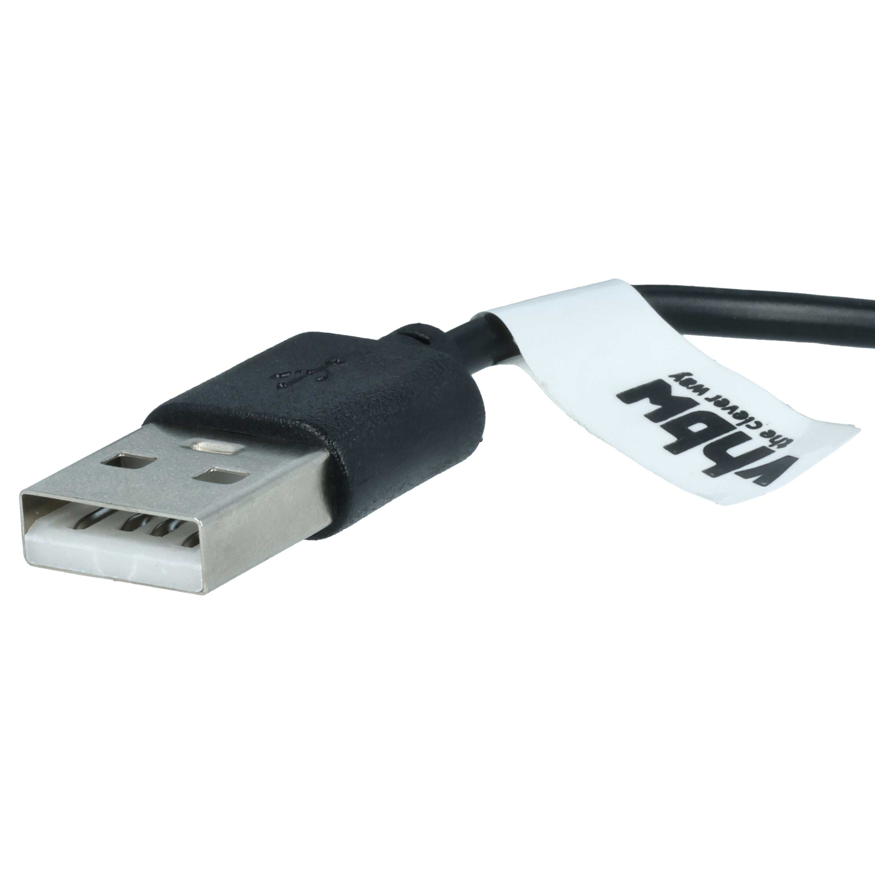 Nahaufnahme eines schwarzen USB-Kabels mit einem silbernen Stecker und einem weißen Etikett.