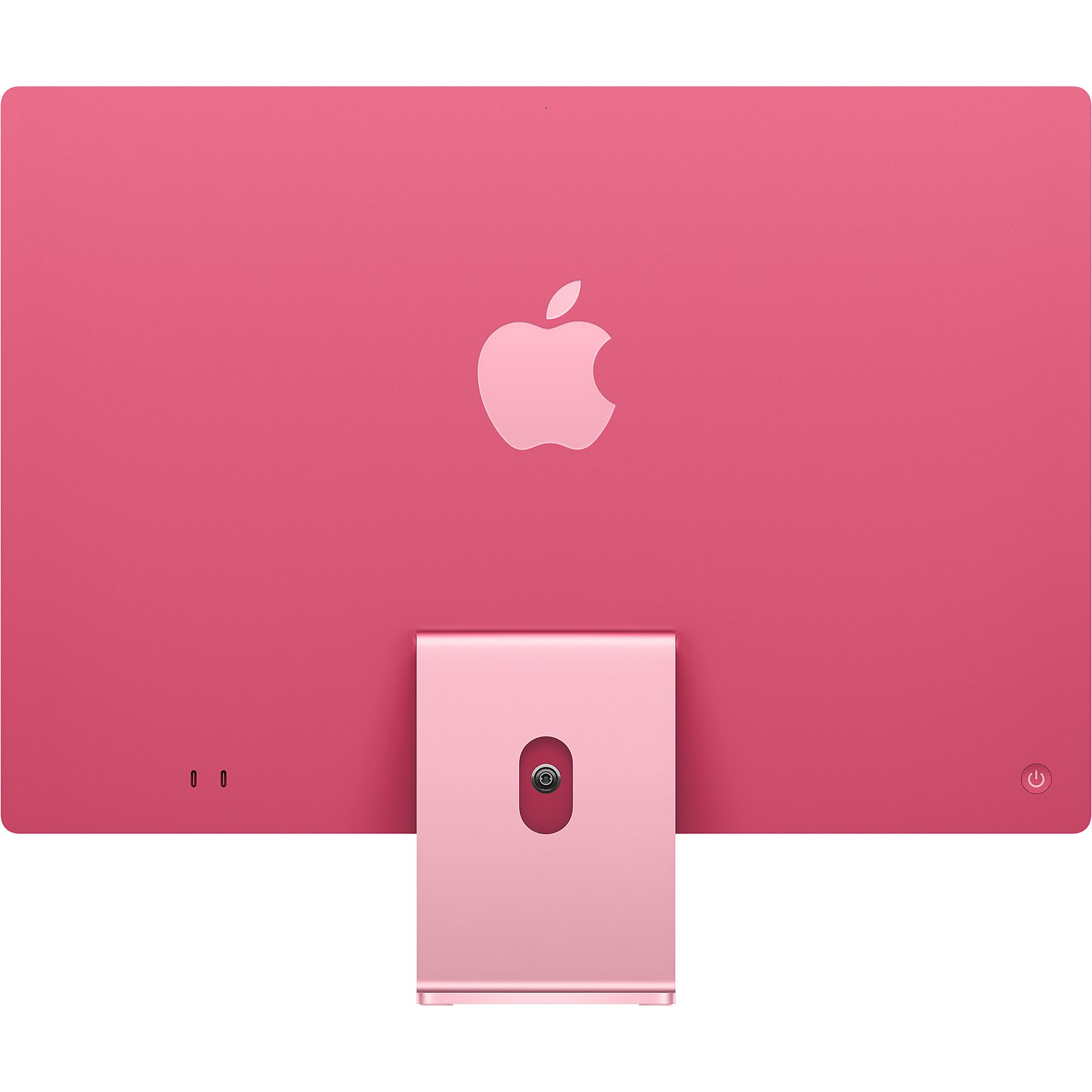 Apple logosu ve standı olan pembe iMac'in arkası.