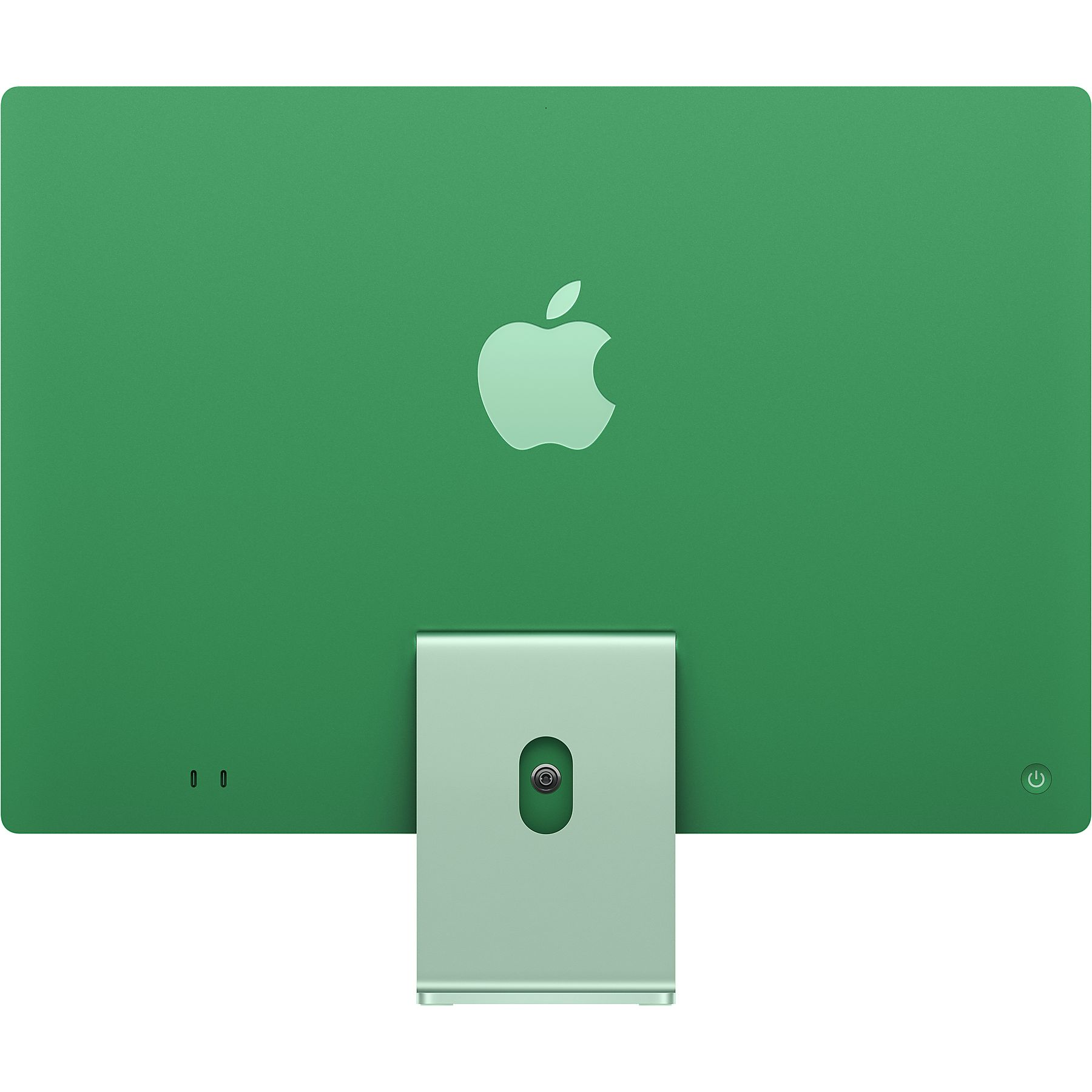 Apple logosu, stant ve güç düğmesi olan yeşil iMac.