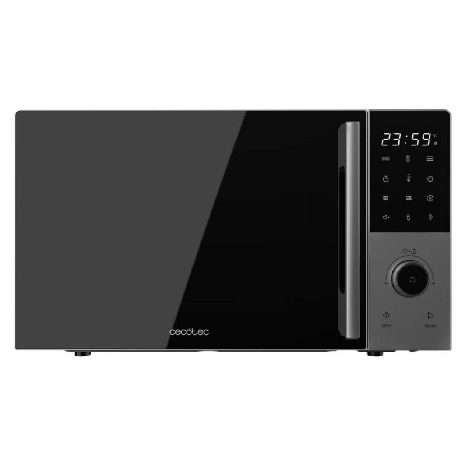 Un moderno microonde nero Cecotec con display digitale che mostra le 23:59.
