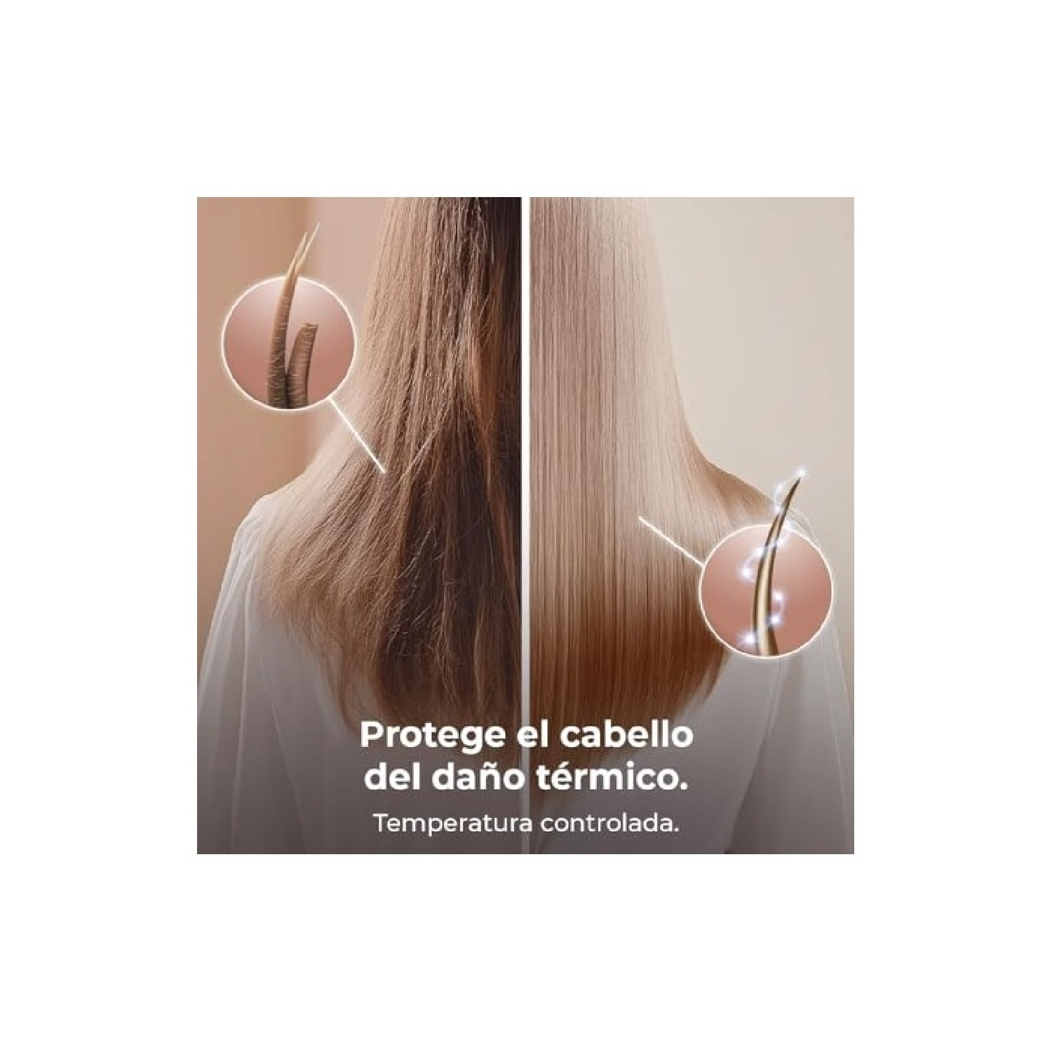 Confronto capelli prima/dopo, danneggiati vs. lisci, con primi piani.