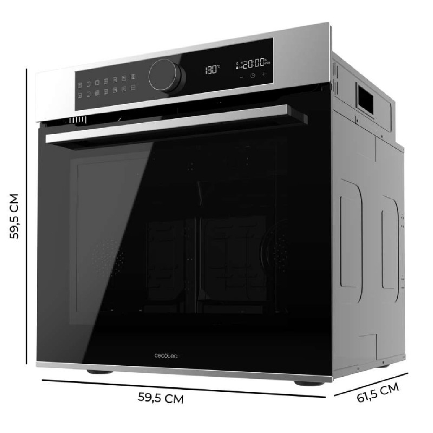 Un horno empotrable moderno con puerta de cristal negra y panel de control plateado.