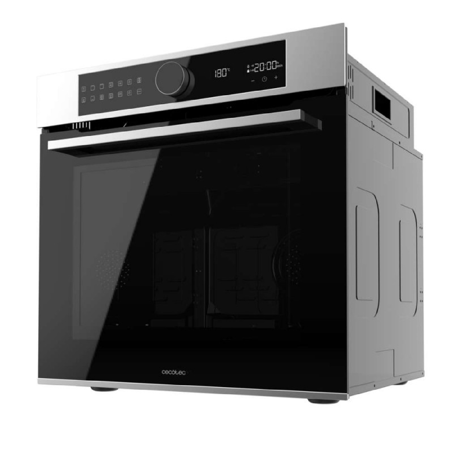 Horno empotrable moderno con puerta de cristal negra y pantalla digital que muestra 180 grados.