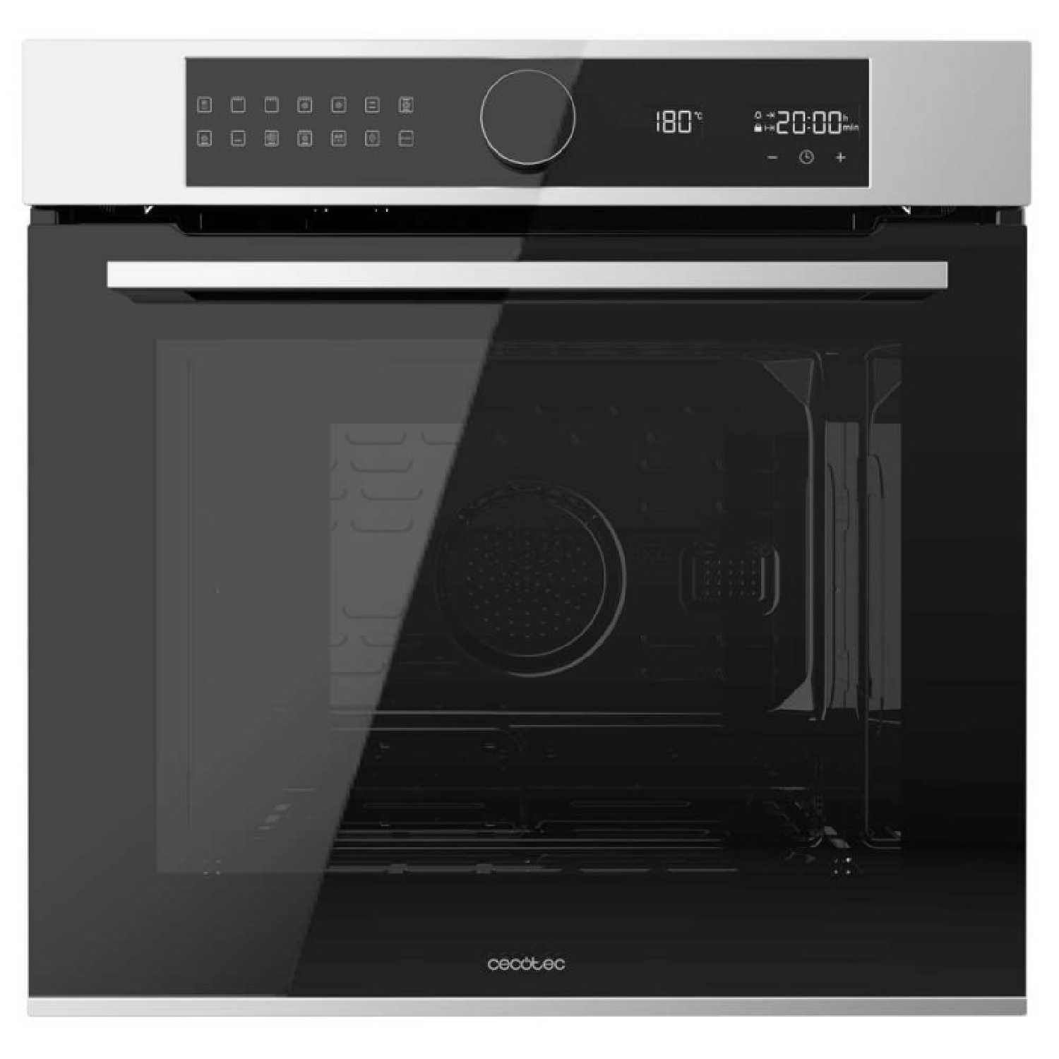 Un horno empotrado moderno con pantalla digital que muestra 180 grados y temporizador.