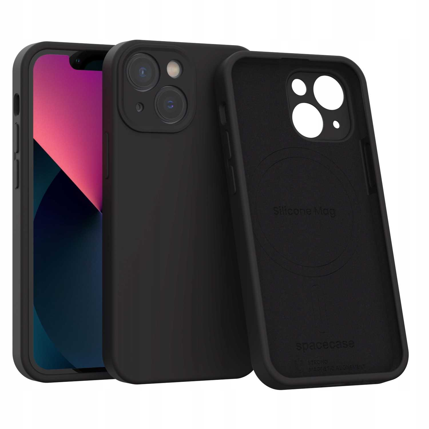 Czarne silikonowe etui na telefon z wycięciem na aparat, obok telefonu.