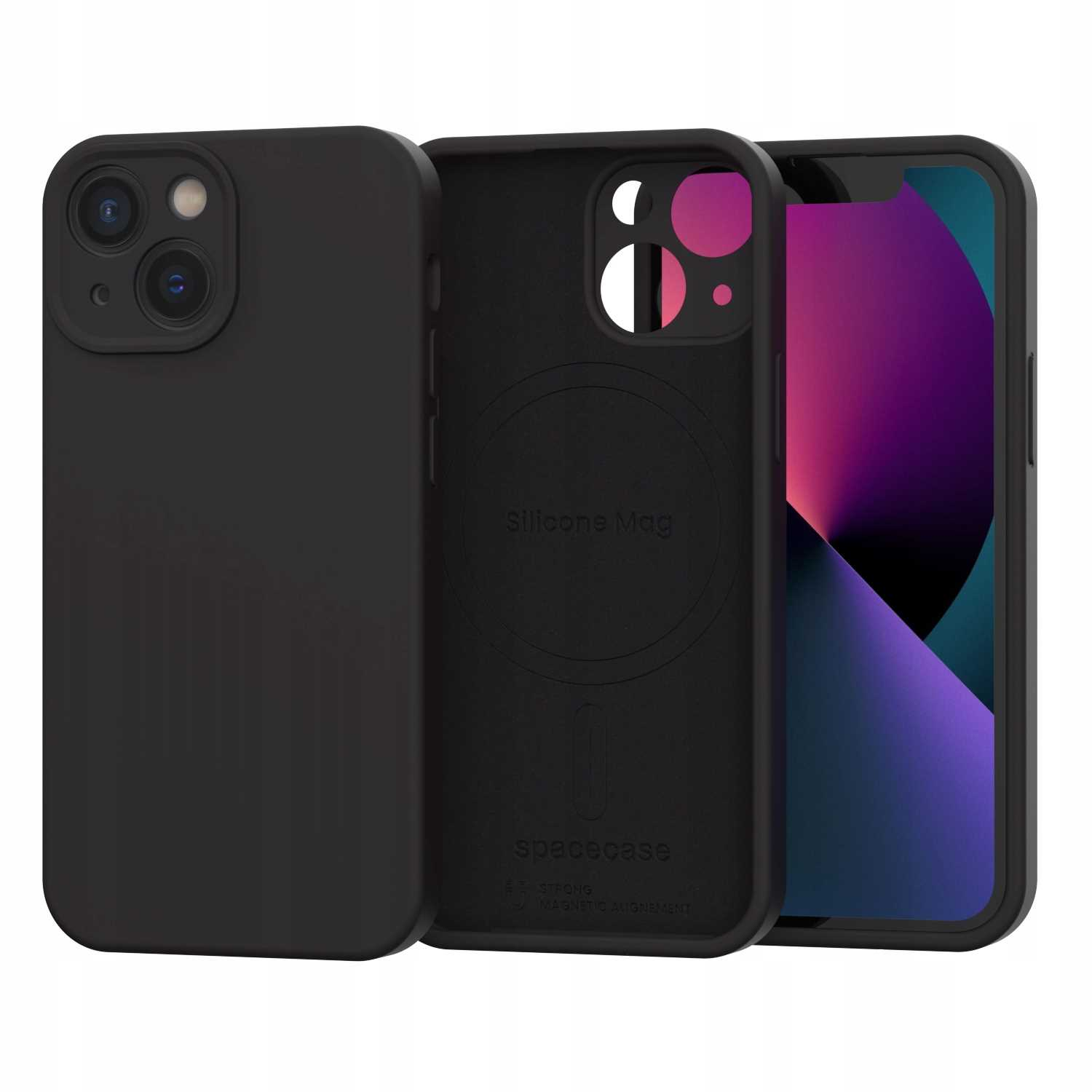 Czarne etui na telefon z okręgiem MagSafe, pokazujące tył i przód.