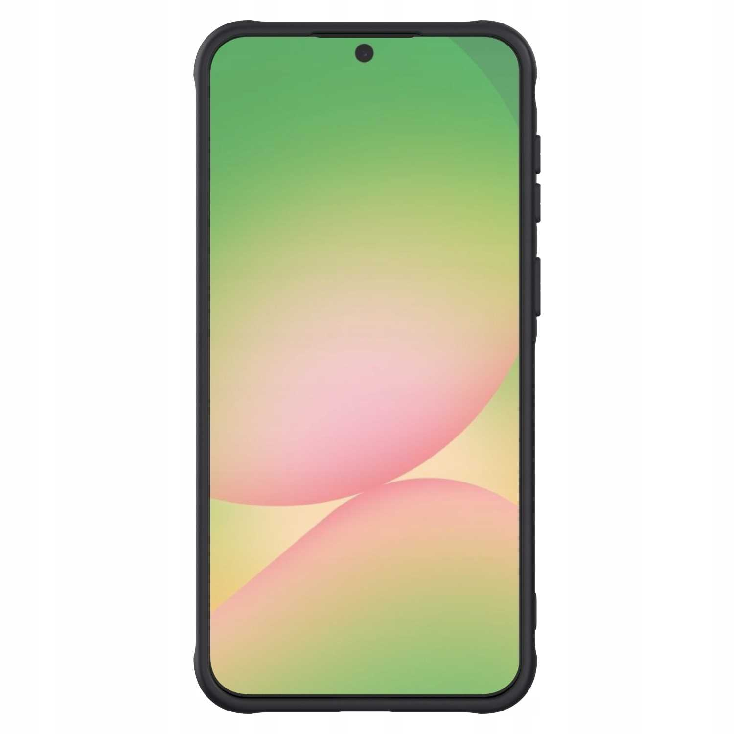 Czarny smartfon wyświetlający na ekranie gradient od zieleni do różu.
