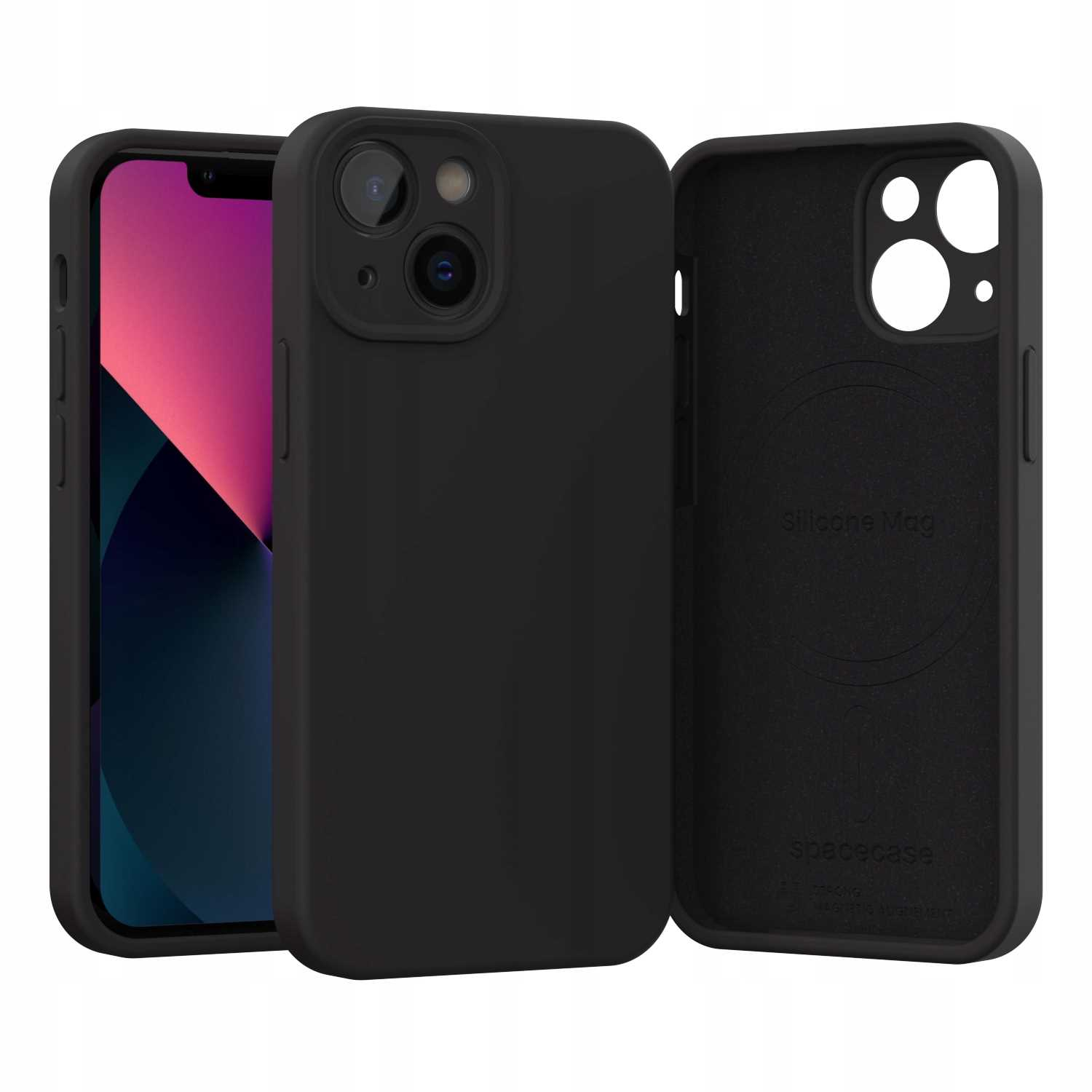 Czarny iPhone z czarnym silikonowym etui, otwarty.