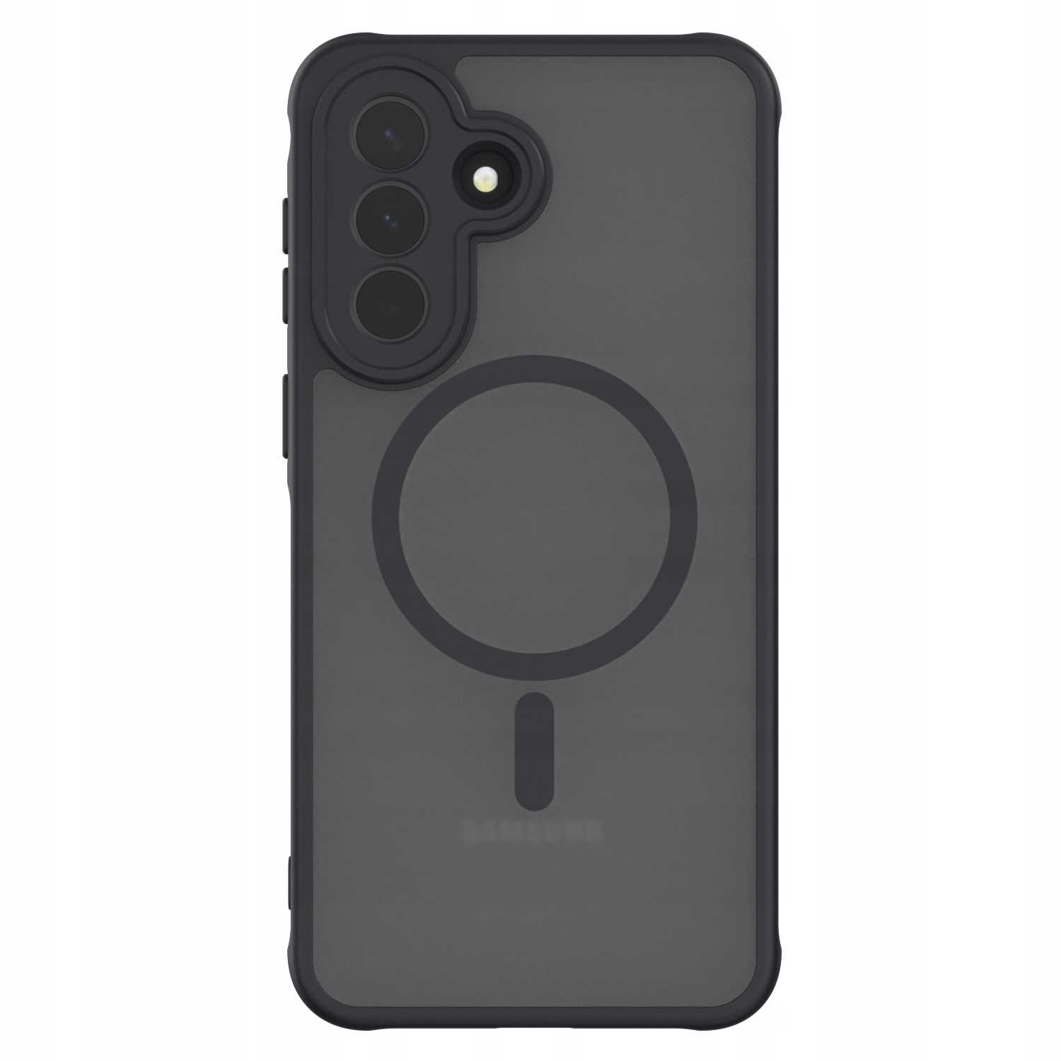 Ciemnoszare etui na telefon z trzema aparatami i pierścieniem magnetycznym.