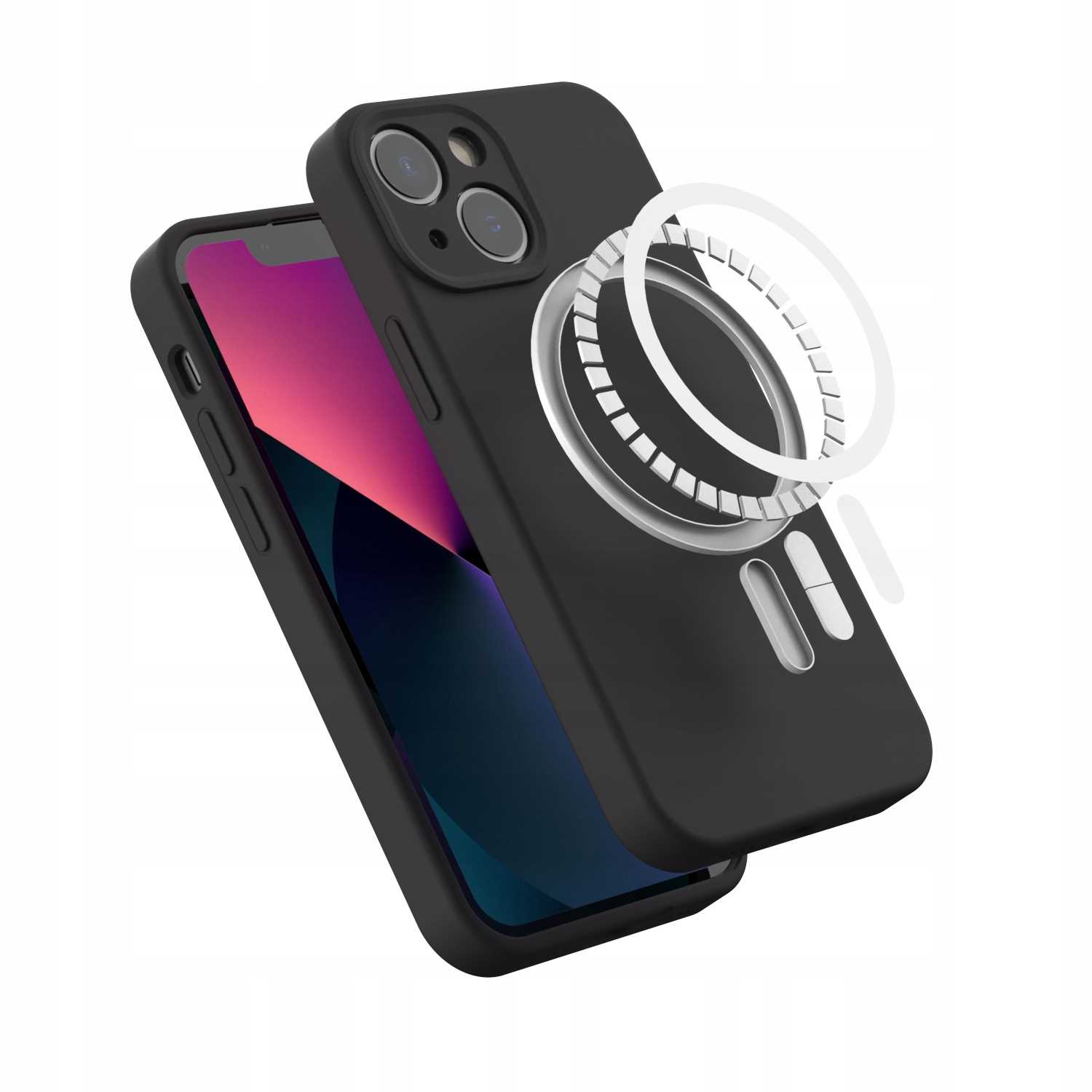 Czarne etui na telefon z pierścieniem magnetycznym i wskaźnikami.