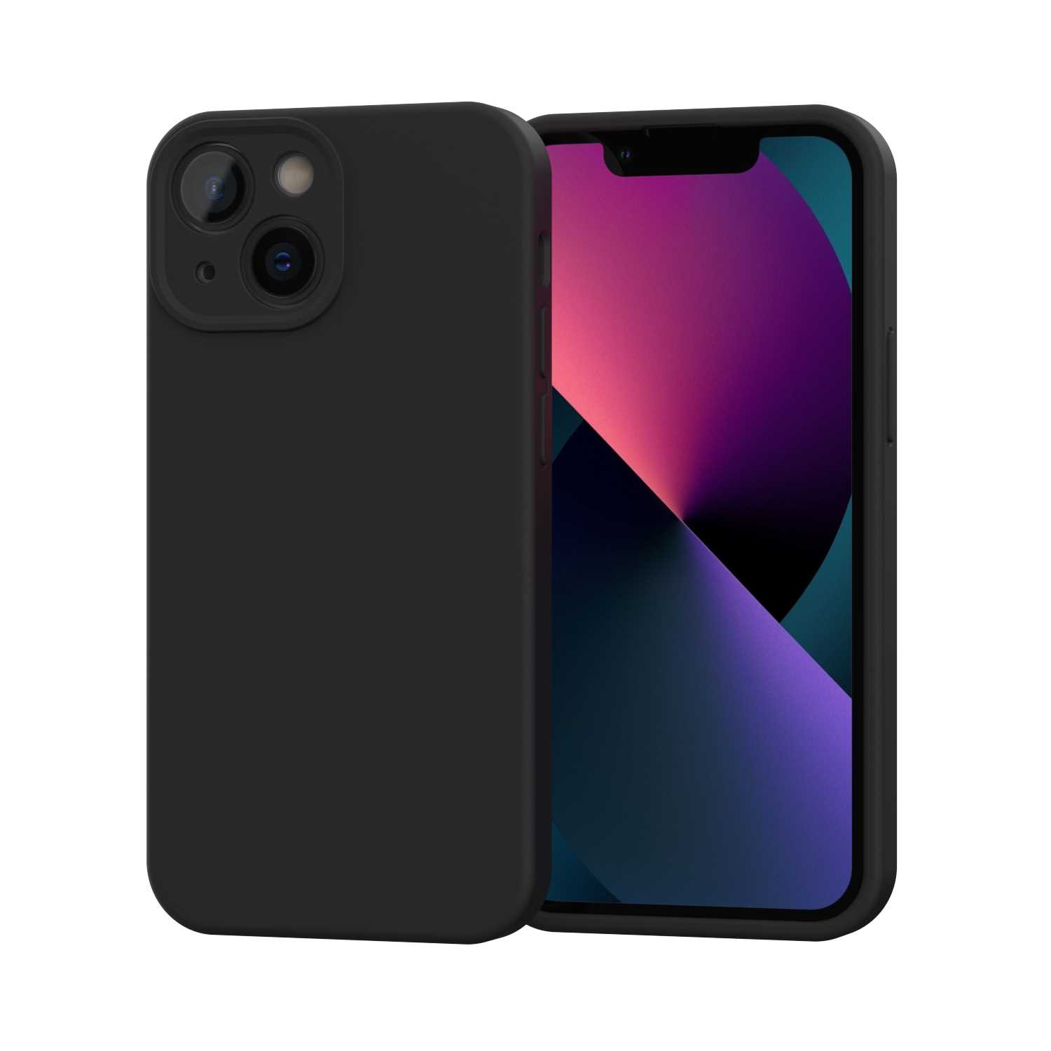 Czarny iPhone z aparatem i fioletową tapetą na ekranie.